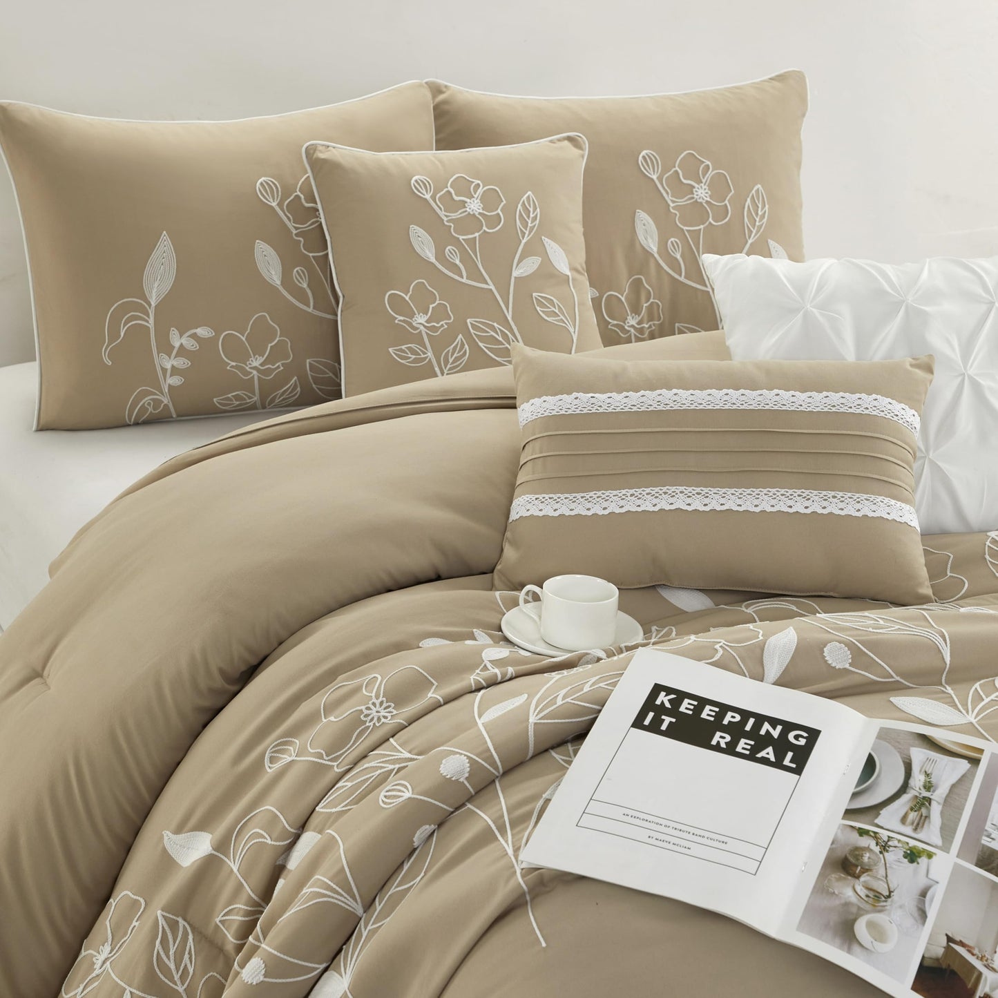 Grand Avenue 7 Piece Taupe Comforter Set, King Size Chain Stiching Embroidery Bedding, All Season Floral Leaves Bedding Set, Bed Skirt, Pillows & Shams