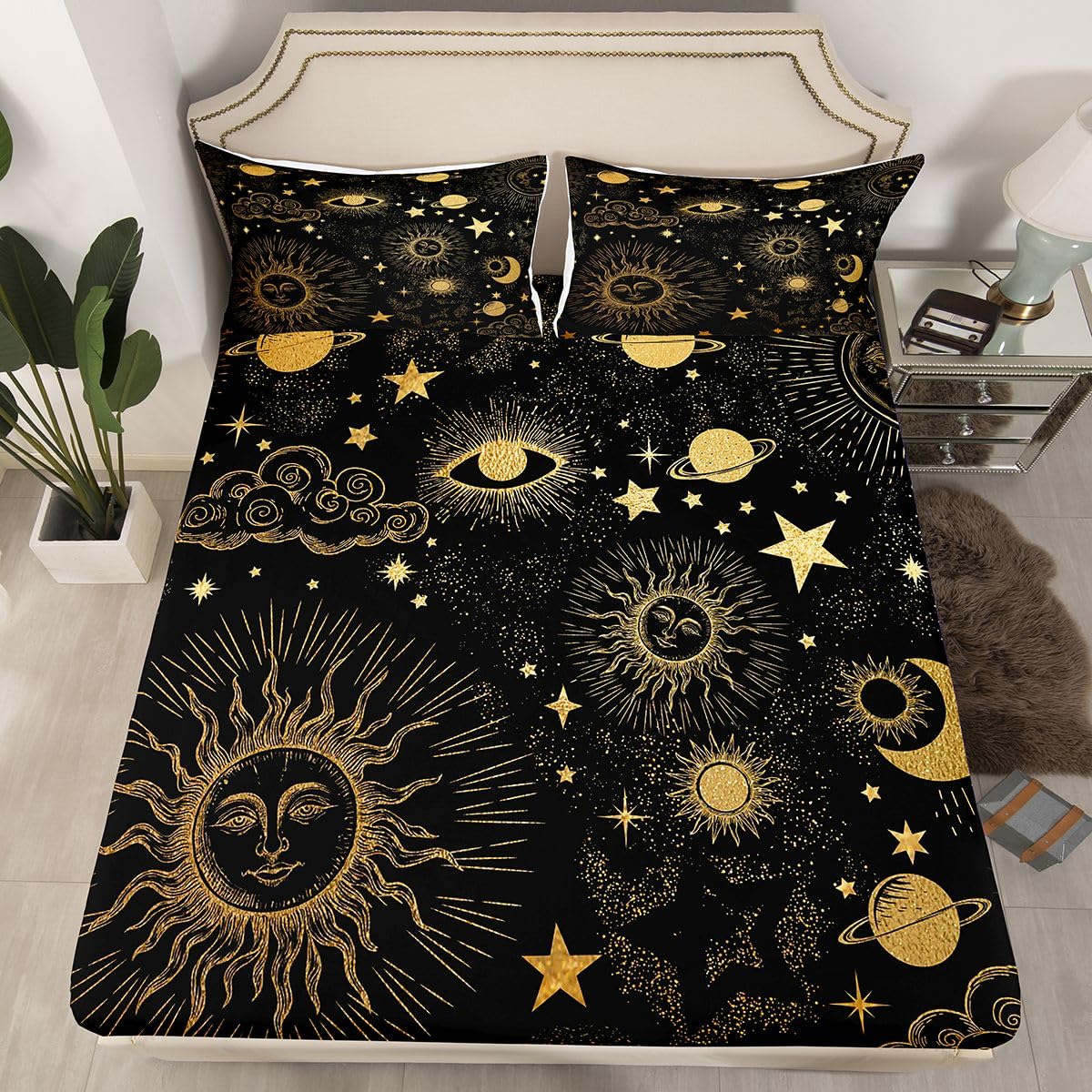 Erosebridal Star Moon Sheet Set Full Size, Starry Sky Series Bed Sheets Kids Child, Cosmic Planets Sun Face Pattern Fitted Sheet Boys Girls, Hippie Bed Cover, Soft Bohemian Bedroom Decor