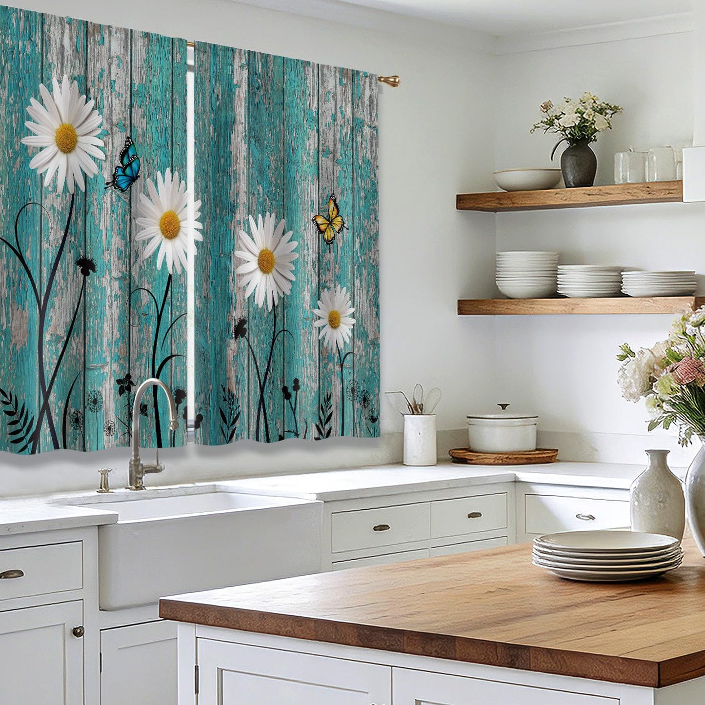 Cizuug Farmhouse Teal Daisy Kitchen Curtains Rustic Wooden Country Small Short Cafe Window Curtains Vintage Flower Floral Rod Pocket Bathroom Drapes Treatment Tier Curtains 2 Panels(27.5x39 Inch)