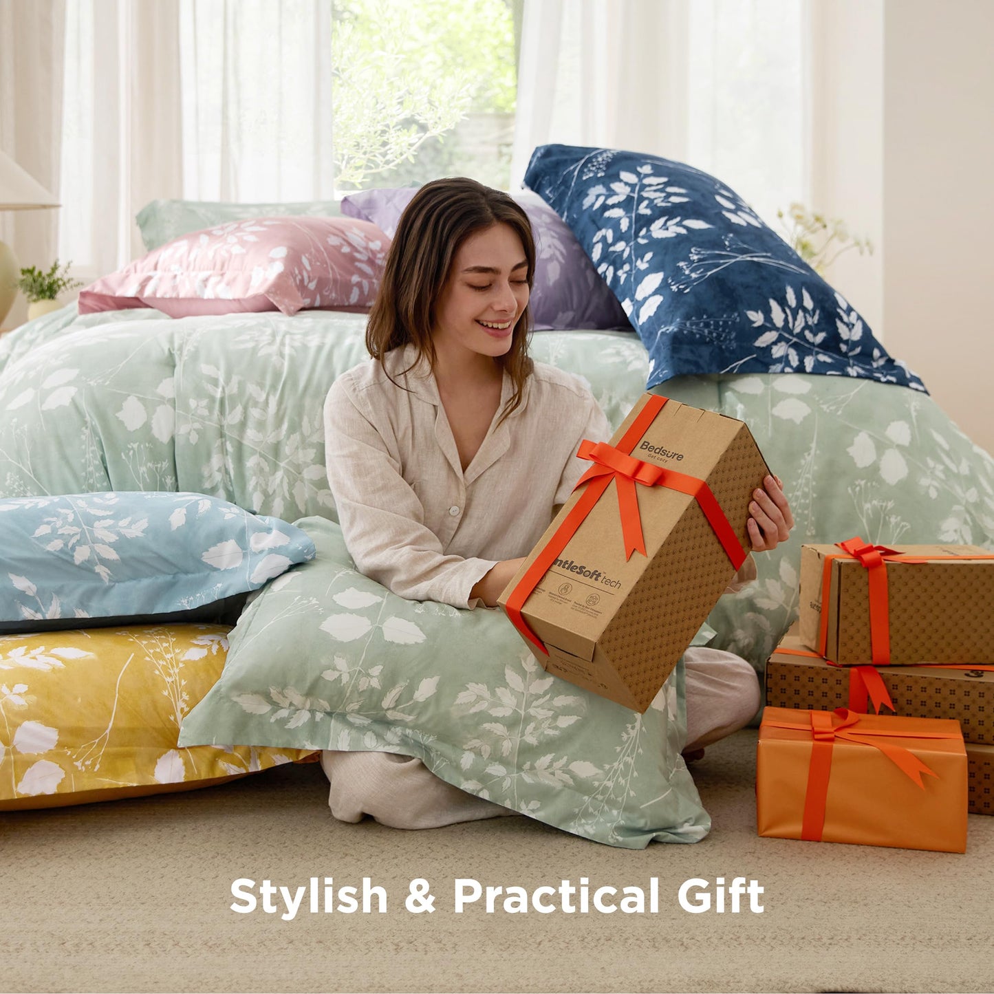 Bedsure Queen Comforter Set - 7 Pieces Floral Sage Green GentleSoft™ Bedding Sets, Queen Bed in a Bag with Botanical Flowers Winter Comforter, Sheets, Pillowcases & Shams