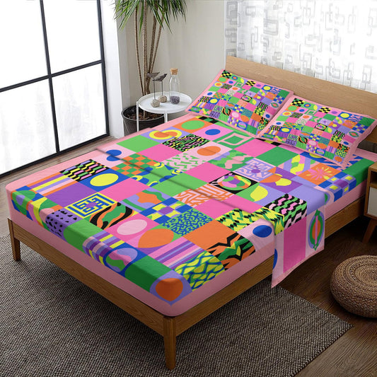 NOGAWA Retro Geometric Sheets King, Colorful Bed Sheets, 70s Bedding Sheets, Soft Microfiber Deep Pocket Fitted Sheet, Flat Sheet, 2 Pillowcases