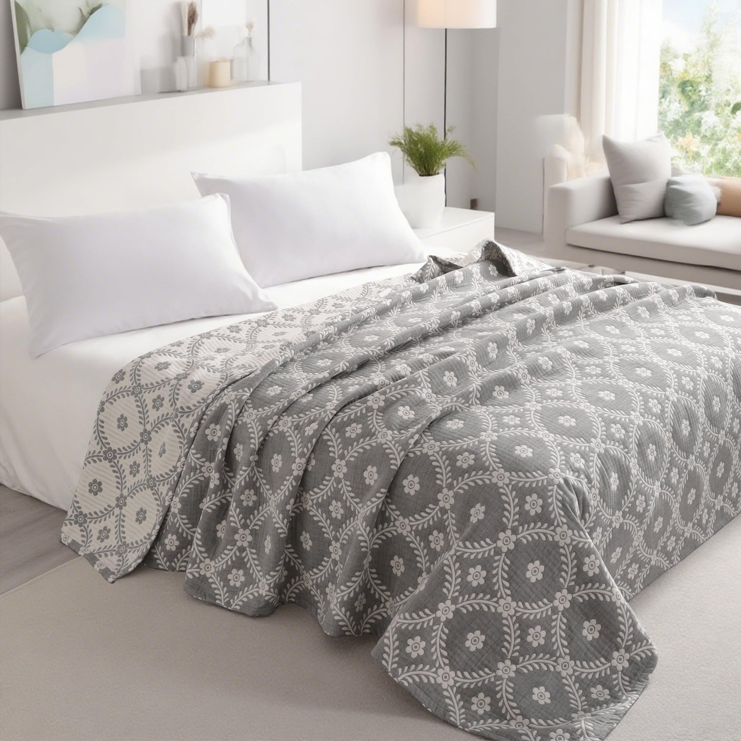 NTBAY 3 Layers Cotton Muslin 106x92 King Bed Blanket, Super Soft Breathable Thermal Yarn Dyed Quilt for Adults, Perfect Lightweight Blanket for Couch Sofa Bed All Seasons, Grey Garlands