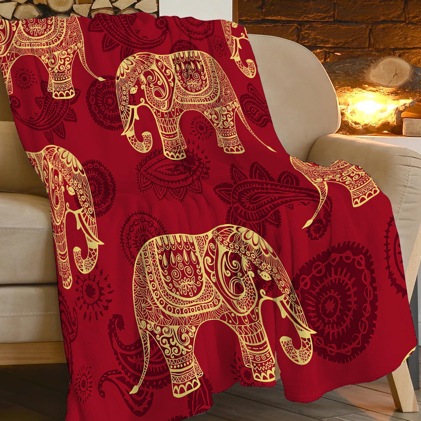 SweetFox Elephant Blanket Red Boho Elephant Decor Throw Blanket Gifts for Girls Boys Super Warm Soft Plush Lightweight Fleece Flannel Winter Couch Bedding Blankets for Kids Adults Women Men 50"X40"