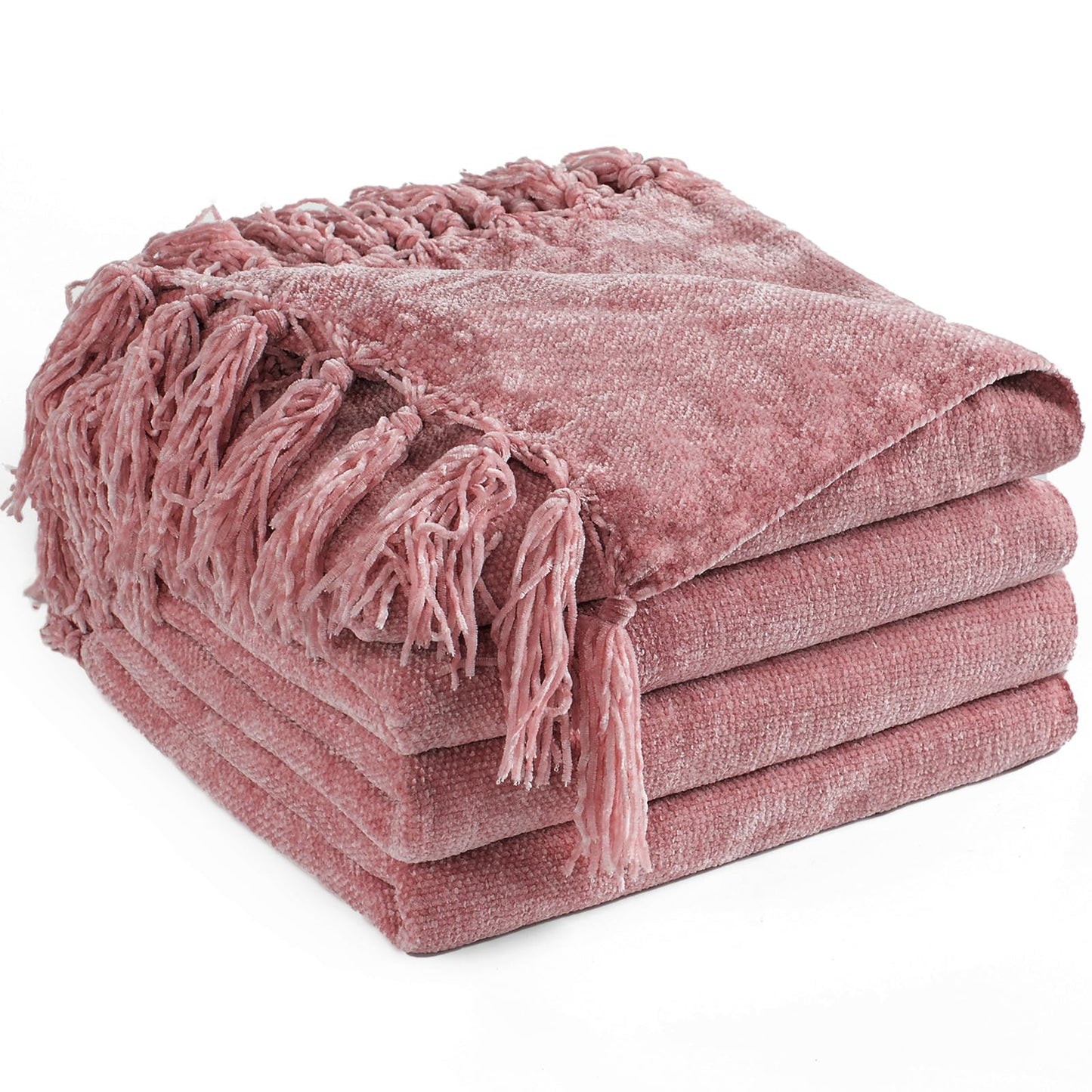 LONG CREATE Chenille Throw Blanket for Couch 50"X 60", Soft Cozy Throws with Fringe Tassel for Bed Sofa Chair Cover, Lightweight Knitted Decorative Boho Blankets for Living Room, Mauve