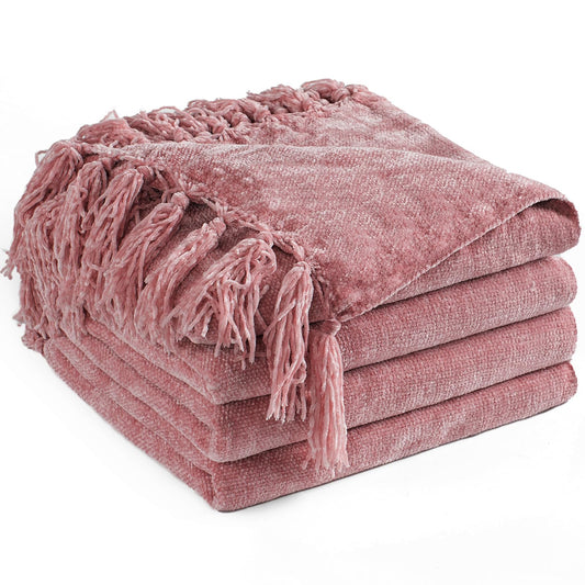 LONG CREATE Chenille Throw Blanket for Couch 50"X 60", Soft Cozy Throws with Fringe Tassel for Bed Sofa Chair Cover, Lightweight Knitted Decorative Boho Blankets for Living Room, Mauve
