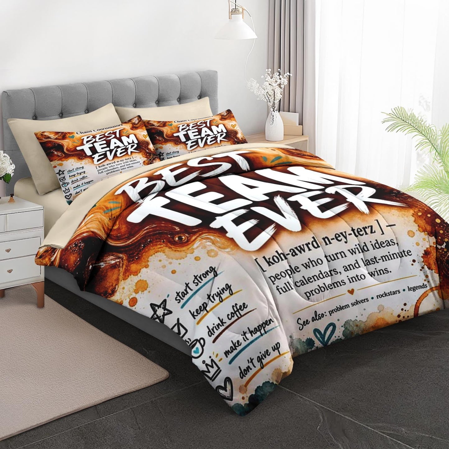 Boewywh Comforter Set Twin Size Coffee Funny Motivational 7 Pcs, Bedding for Kids and Adults, Bed Sheet Sets with Fitted Sheet 2 Pillowcases & 2 Shams for Bedroom Bed Decor