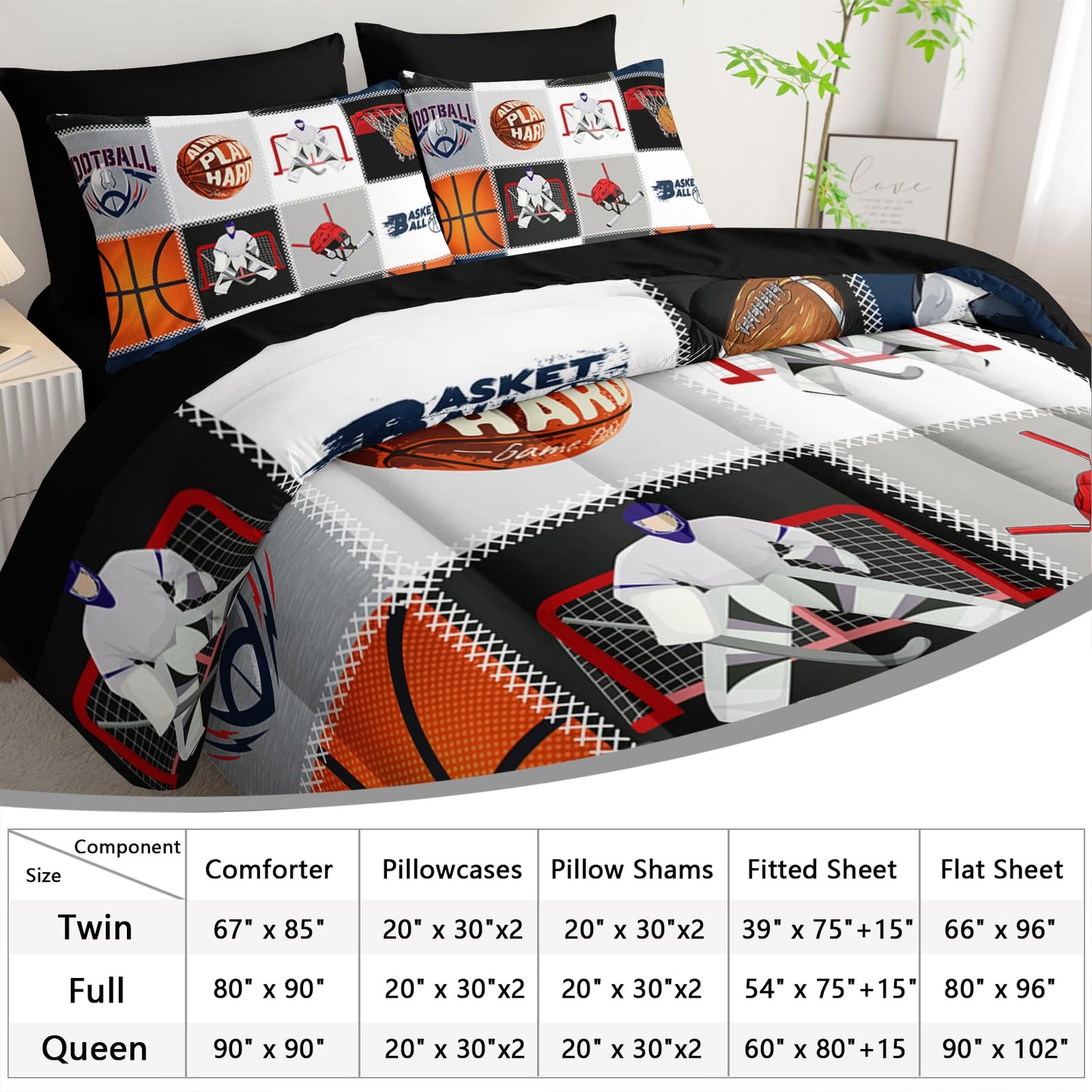 AILONEN Sports Comforter Set Twin Size,Basketball Football Soccer Ball Print Player Bed in a Bag,7Pcs Soft Microfiber Comforter,Fitted Sheet,Flat Sheet,2 Pillowcases,2 Pillow Shams for Kids Boys Men