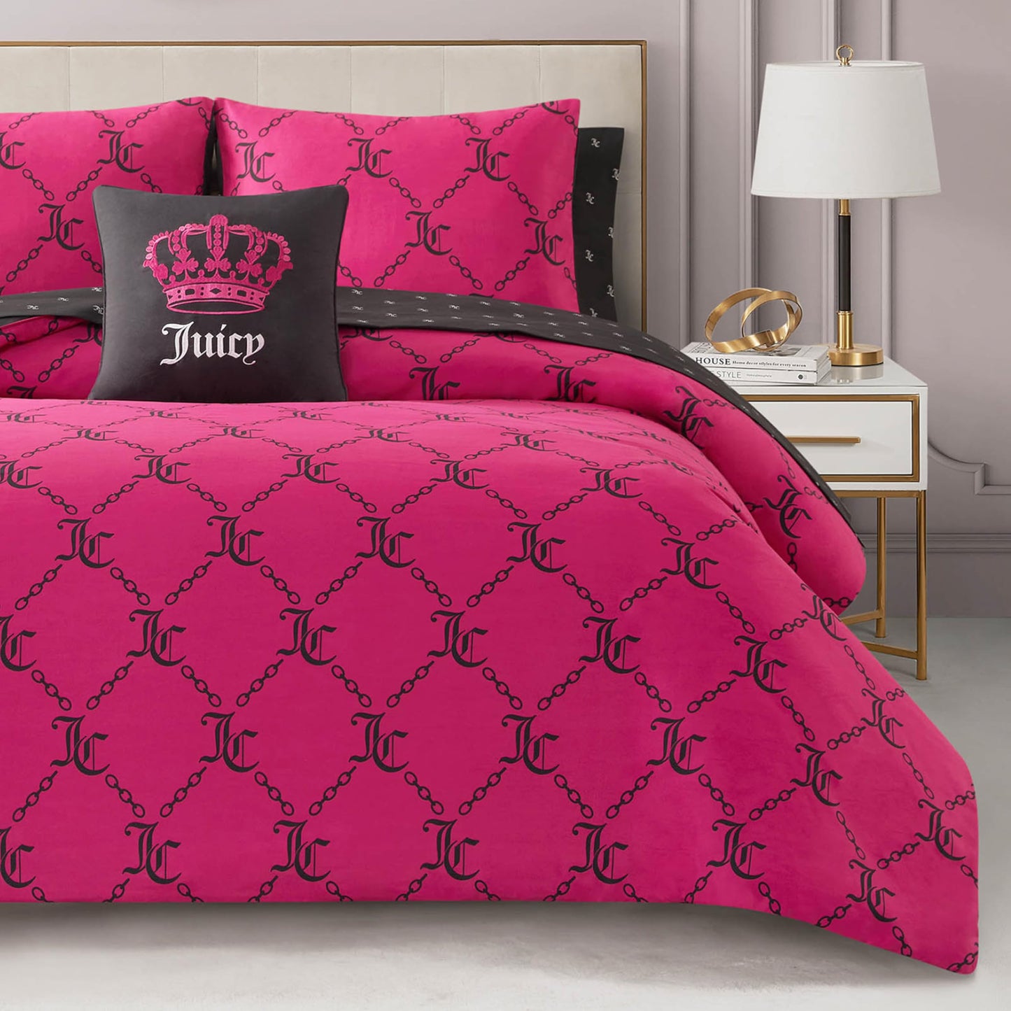 Juicy Couture Hot Pink/Black Link Logo Printed Comforter Set, Queen – Complete 8-Piece Bed in a Bag Collection