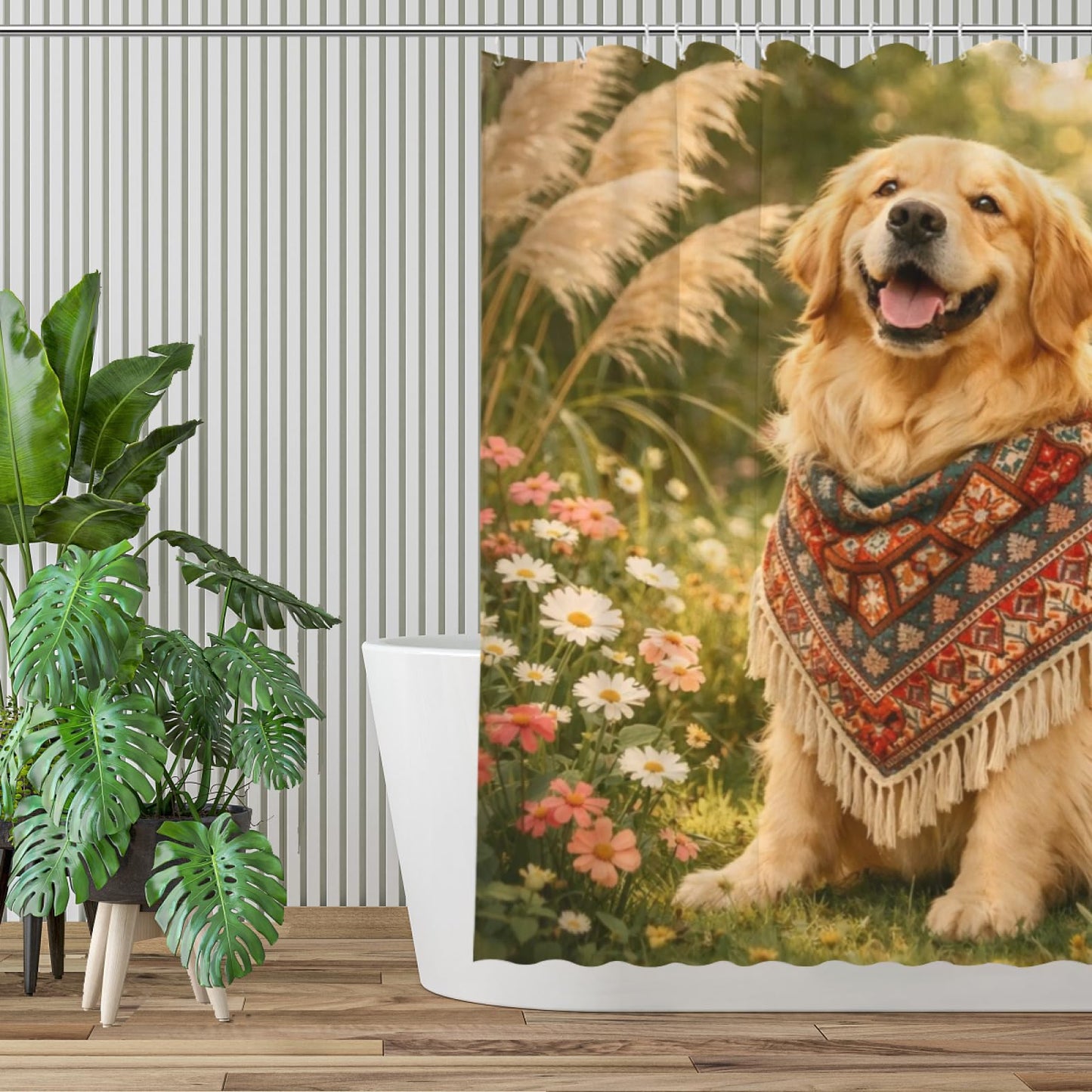 REZHOCH Boho Fun Golden Retriever Shower Curtain 72x72Inch,Cute Floral Daisy Animal Home Bathroom Decor,Rustic Nature Farmhouse Woodland Bohemian Waterproof Fabric Bath Set with Hooks