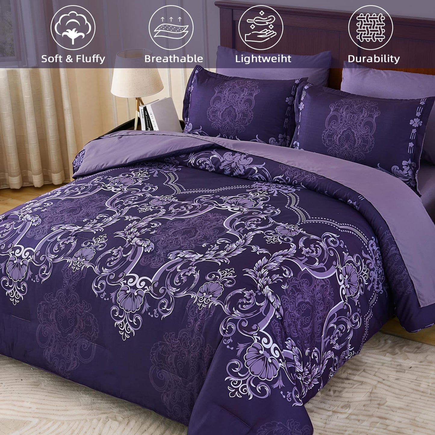 Mybedsoul Dark Purple Queen Comforter Set, 7 Pieces Boho Bed in a Bag for Queen Bed, Damask Comforter with Sheets Pillowcases, Soft Microfiber Lightweight Bedding Sets for All Season(90"x90")