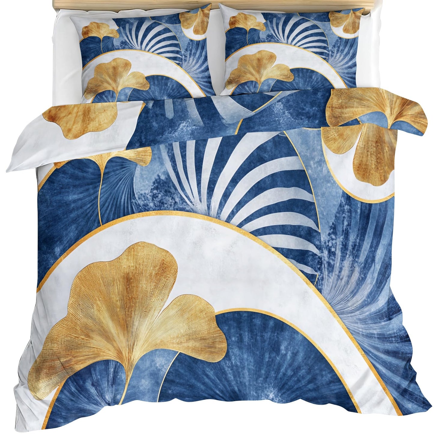 GKPLY Ginkgo Leaves Bedding Sets Full, Blue and Gold Comforter Cover, Elegant Botanical Duvet Cover & Bedroom Decor, Zipper Closure, Reversible Print, Soft Microfiber Bedding Set & 2 Pillow Cases