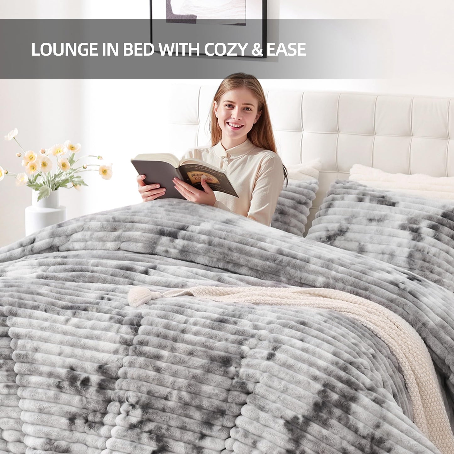 Smoofy Fluffy King Size Comforter Set 3 Pieces - Tie-dye Grey Fleece Fluffy Comforter Set, Luxury Fuzzy King Bedding Set, Soft King Bed Set All Season, Heavy Faux Fur Comforter with 2 Pillow Cases
