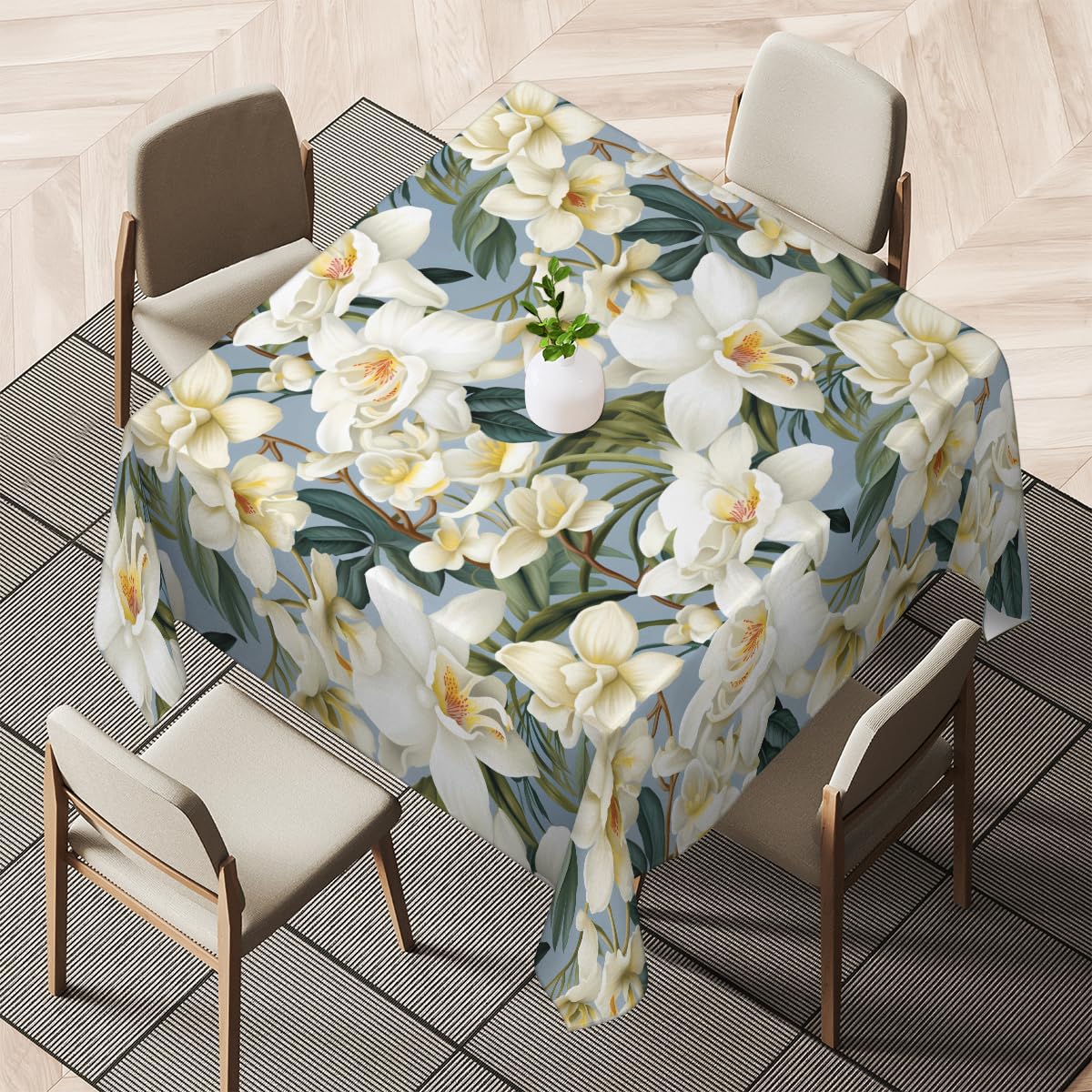 QsirBC Magnolia Flowers Green Leaves 52" x 52" Square Tablecloth Waterproof Kitchen Table Cover Washable Polyester Fabric Table Cloth for Wedding Party Dining Banquet Decoration