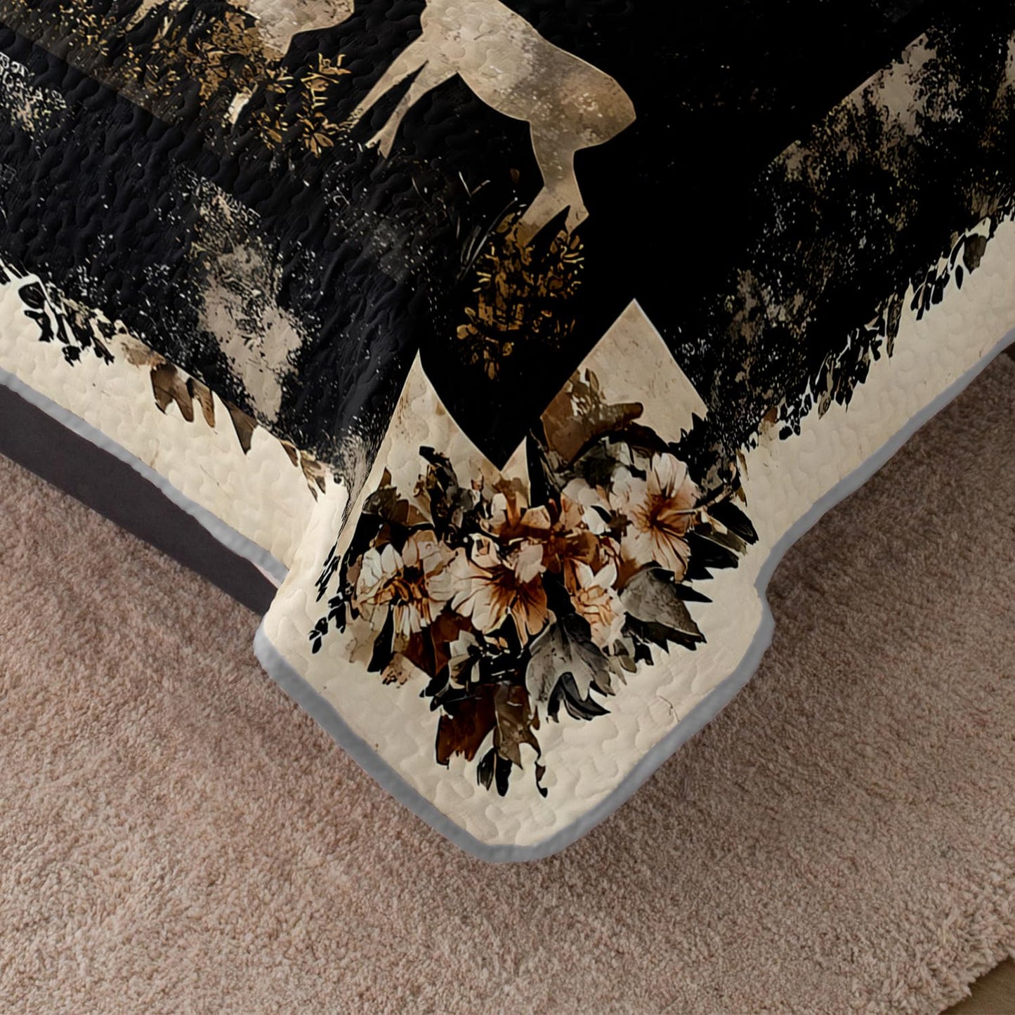 HOSIMA Deer King Bedding Set for Adults,Deer in Forest Print Summer Soft Lightweight Quilt,Floral Pattern Plaid Animal Bedding for Aesthetic Room Decor with 2 Pillowcases.