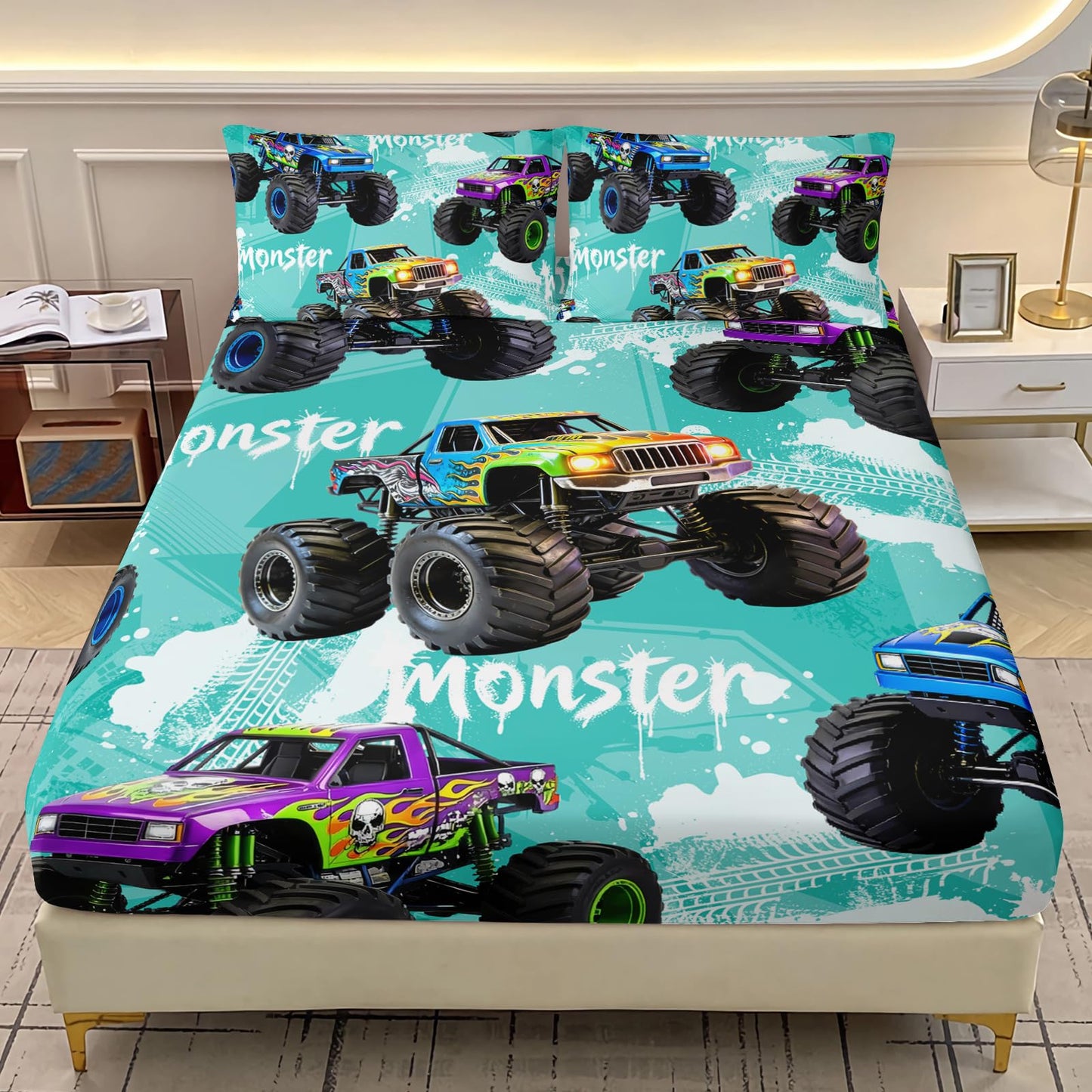 AILONEN Teal Graffiti Monster Truck Twin Fitted Sheet Set 3 Piece,Skull Flame Racing Bedding with 2 Pillowcases,Off Road Vehicle Linens for Boys Kids,16 Inch Deep Pocket Microfiber