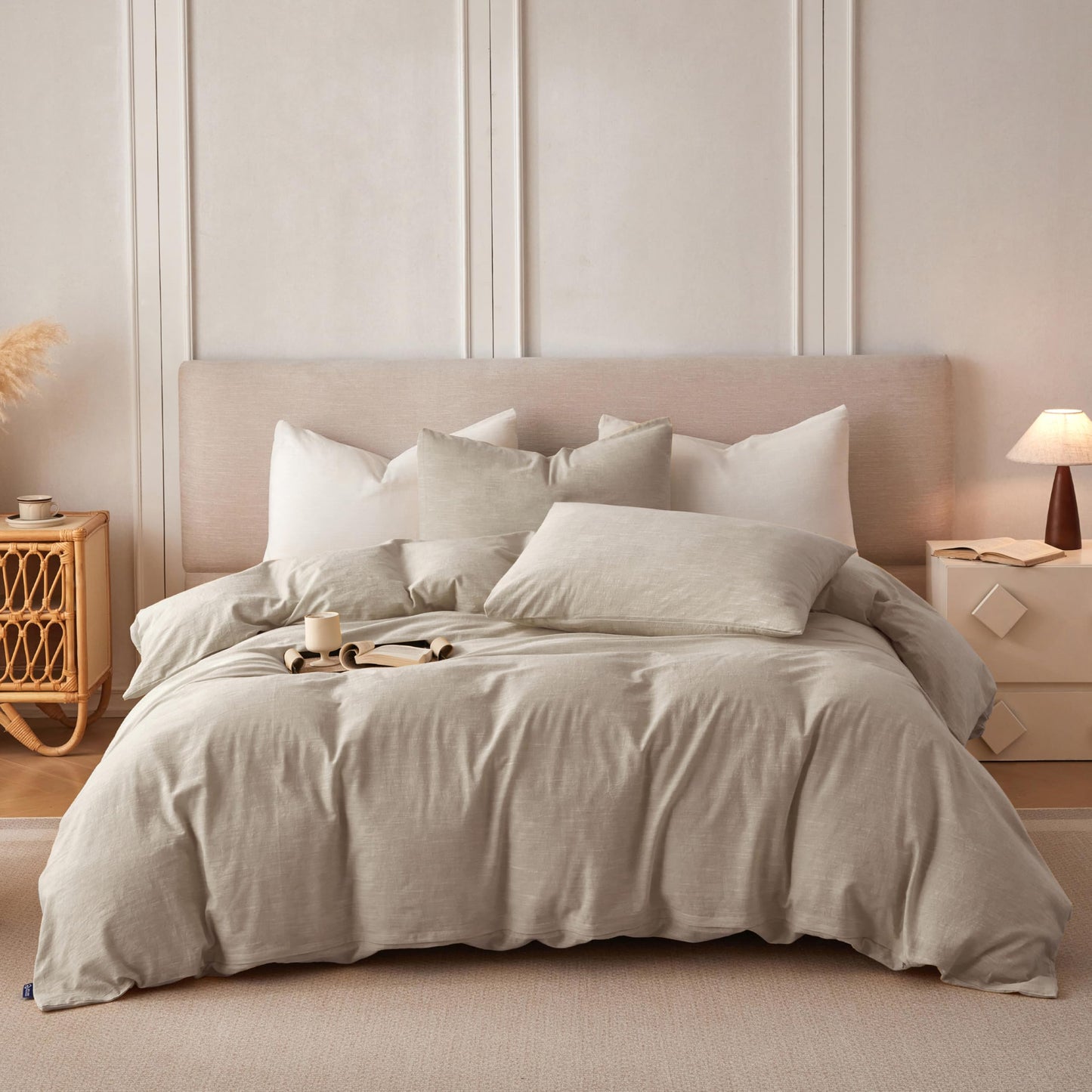 BFS HOME Linen Duvet Cover Queen Size - Soft Breathable Cotton Linen Blend, 3-Pieces Bedding Set with 2 Pillowcases, Stonewashed Texture, Khaki, All-Season Comfort