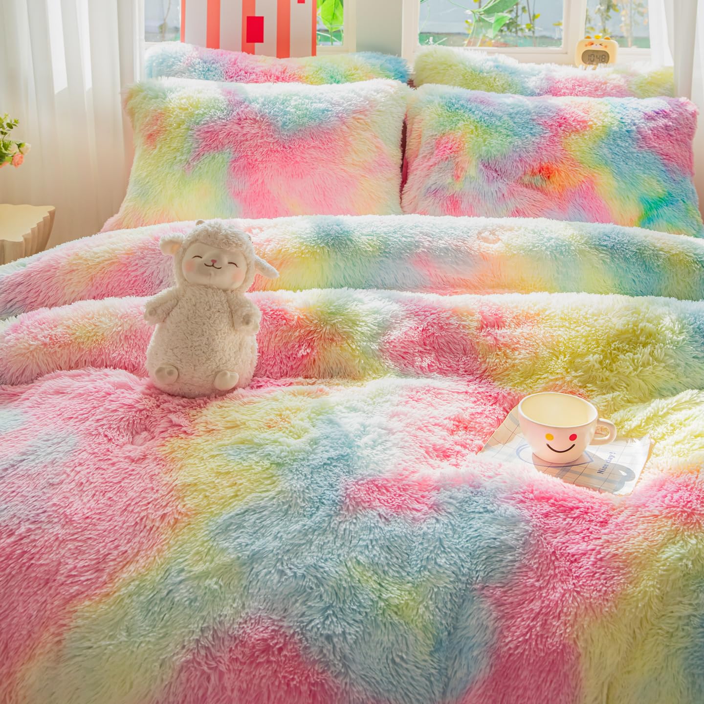 Roscloud Faux Fur Kids Girls Rainbow Comforter Sets Twin/Full - 3PC Bed Set Warm Comfortable Soft Plush Flannel Velvet Fluffy Fuzzy Bedding（Comforter x 1 Pillowcases x 2）