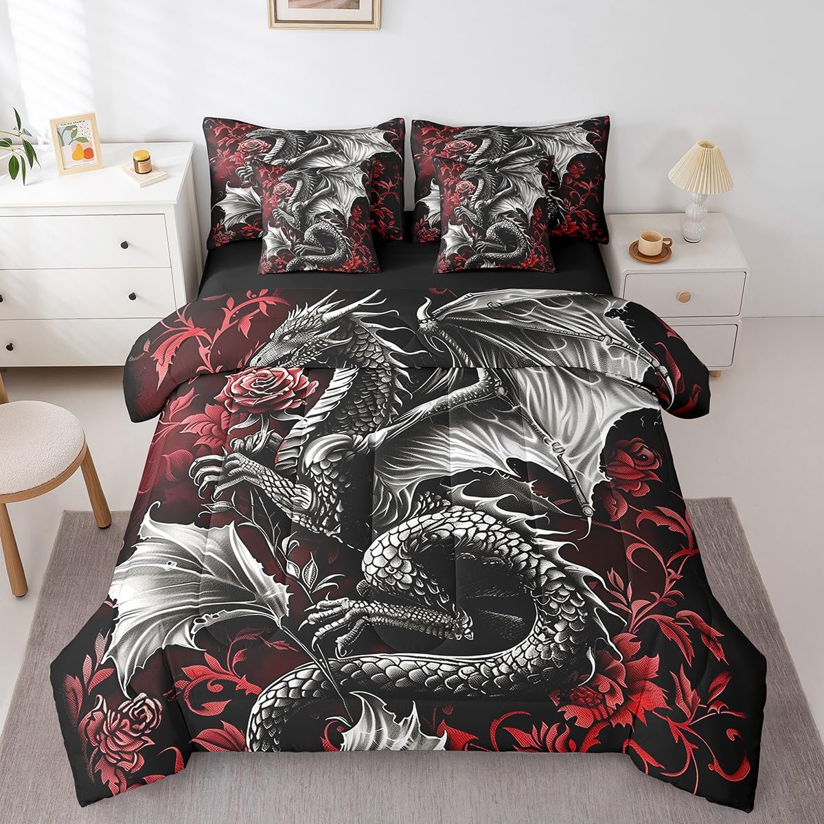 jejeloiu Kids Medieval Fantasy Dragon Comforter Set 7 Pieces Full Size Red Rose Bedding Set for Boys Girls Damask Print Bed Set Bed in a Bag with Comforter, Sheets, Pillowcases & Cushion Covers