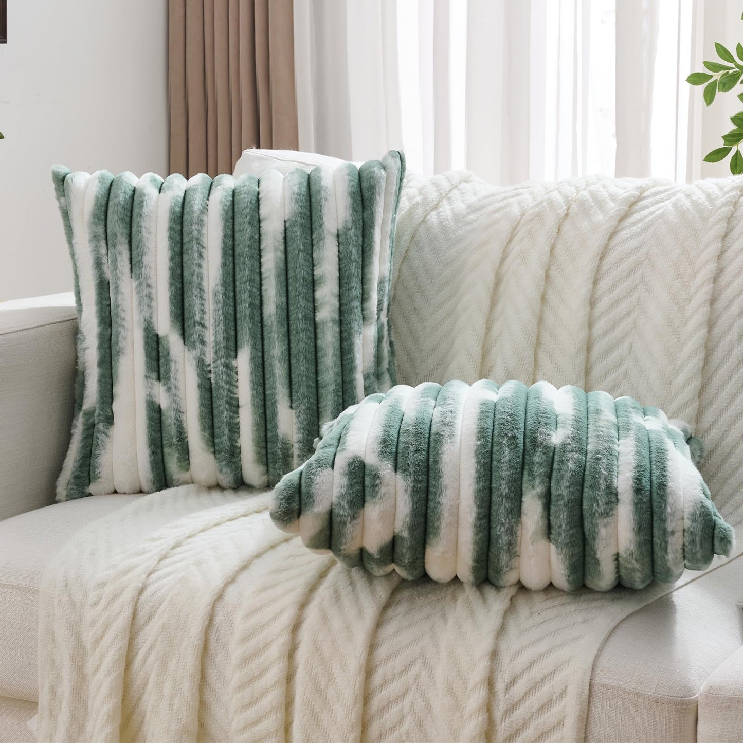 FUTEI Pack of 2 Faux Fur Plush Throw Pillow Covers 18x18 Inch Soft Tie Dye Striped Textured Farmhouse Decorative Cushion Covers Modern Home Decor for Couch Bed Living Room, Dark Green White