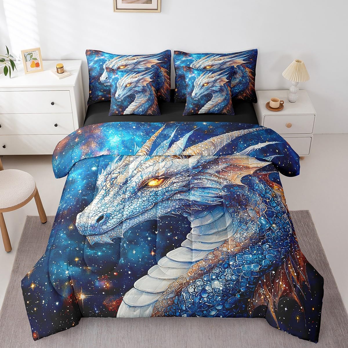 Feelyou Dragon Comforter Set with Sheets Twin Size Dragon Stuff Bed in a Bag for Boys Girls Teens Wild Life 7 Pieces Bedding Set Dragon Decor Bed Set Room Decor Blue
