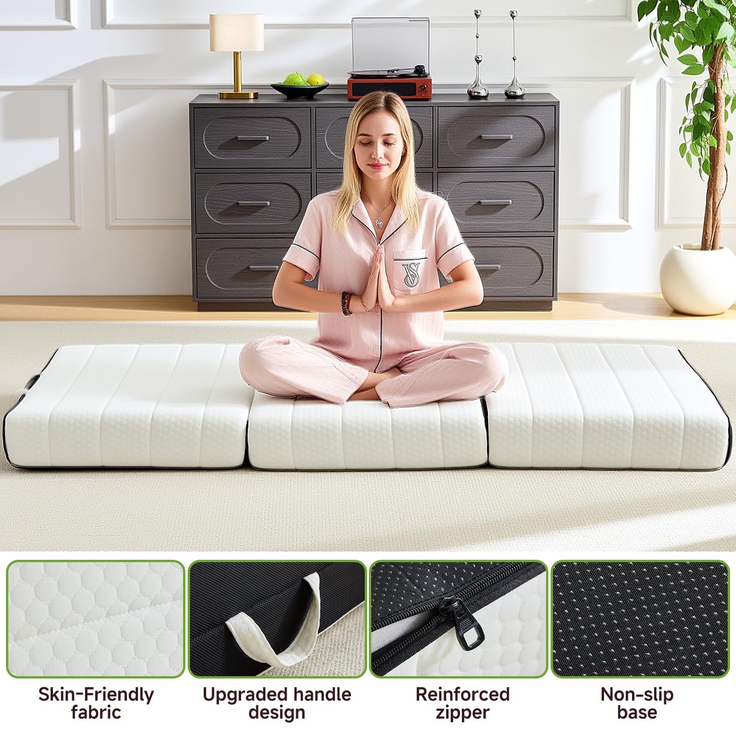 ROXGOX Foldable Mattress, Queen Tri-Fold Memory Foam Mattress Topper with Washable Cover, Handle & Non-Slip Bottom, 6 Inch Portable Folding Bed for Guest, Yoga, Living Room, Camping - 78"x58"x6"
