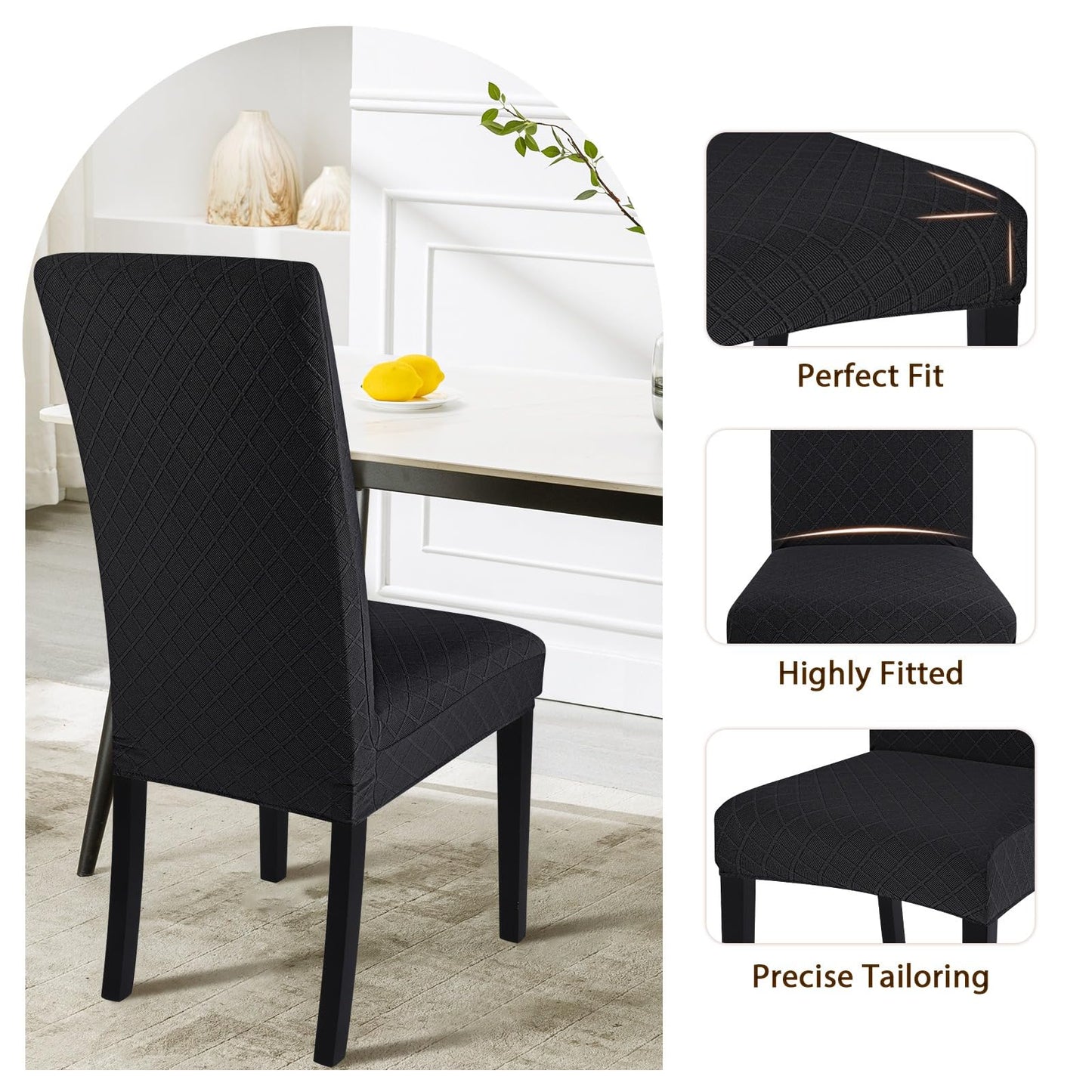 SearchI Dining Room Chair Covers Set of 4, Stretch Jacquard Parsons Chair Slipcovers Removable Washable Kitchen Chair Protector Cover for Dining Room, Hotel, Ceremony (Black Rhombus)