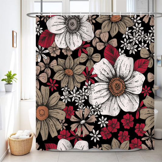Renaiss 72 x 72 Inch Boho Floral Shower Curtain Vintage White Red Bloosm Flower Bathroom Decorations Shower Curtain Waterproof Fabric Machine Washable with 12 Plastic Hooks