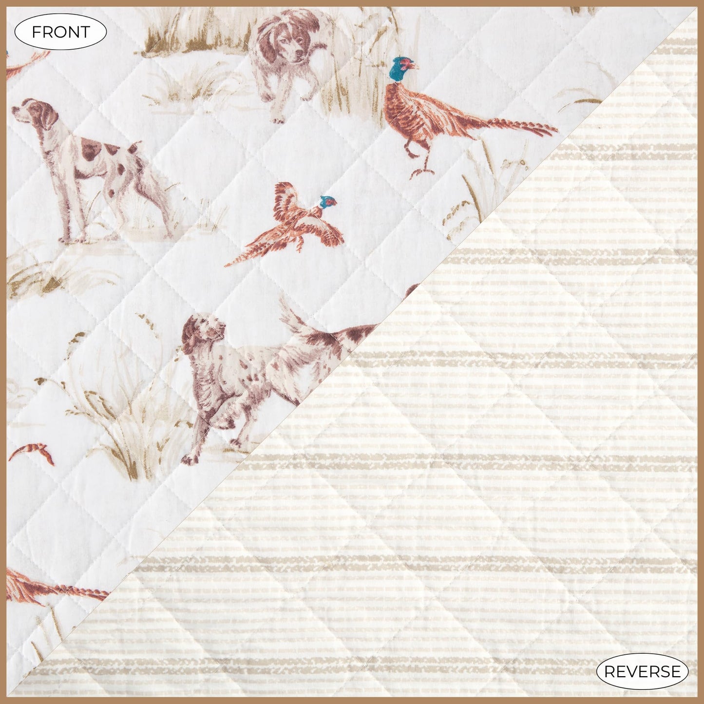 Paseo Road Hunt Life Cotton Quilt Set, 3 Piece Queen Bedding Set with Pillow Shams, White Brown Pheasant Hunting Dog Reversible Quilt Set, Soft Breathable Cozy Lightweight Quilt, Rustic Cabin Bedding