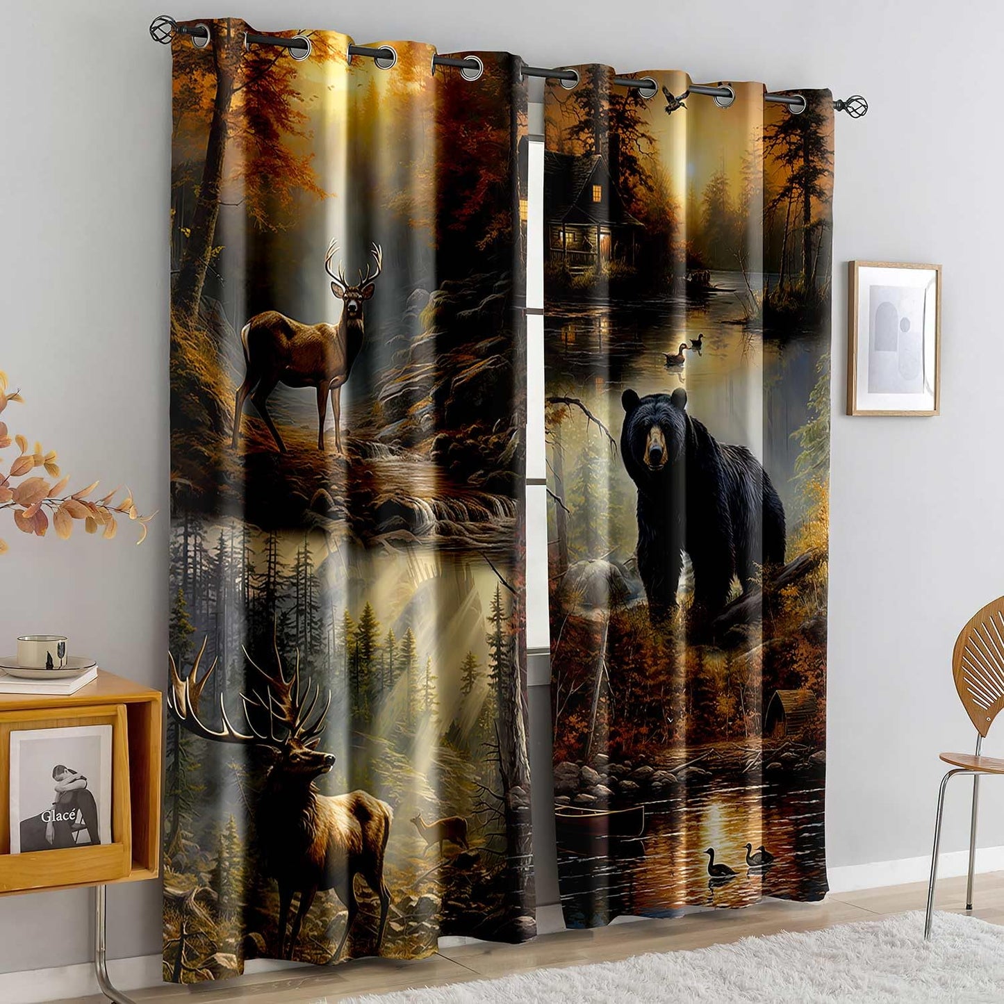 LUVIVIHOME Rustic Cabin Blackout Curtains, Deer Moose Black Bear Curtains for Bedroom, Forest Animal Wildlife Mallard Duck Country Farmhouse Hunting Room Decor Window Curtains 2 Panel Sets, 52x84 Inch