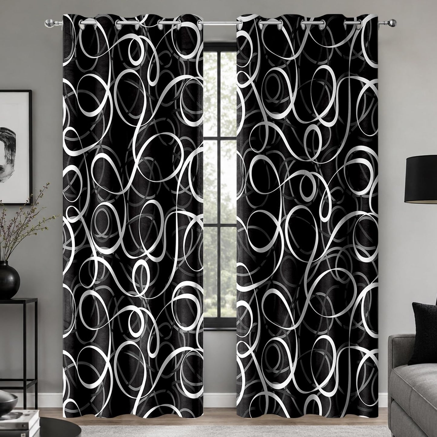 JAZEAOI Black White Geometric Blackout Curtains, Modern Abstract Grey Black Out Window Drapes for Bedroom Living Room Grommet Thermal Insulated Room Darkening Decor, 2 Panels 52x84 Inches