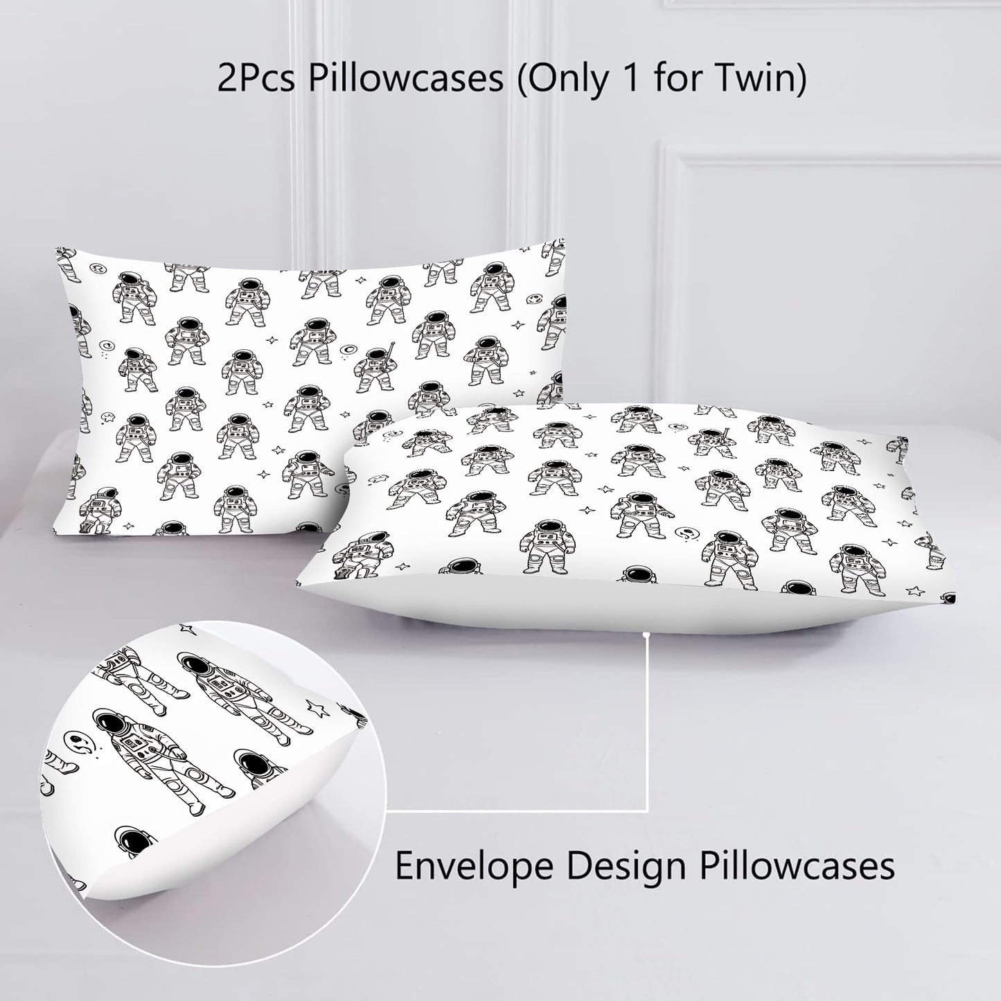 VTKON Black and White Astronaut 3Pcs Comforter Set for Boys, Full Size Spaceman and Star Bedding Set, Line Print Galaxy Bed Sets for Kids Bedroom with 2 Pillowcases
