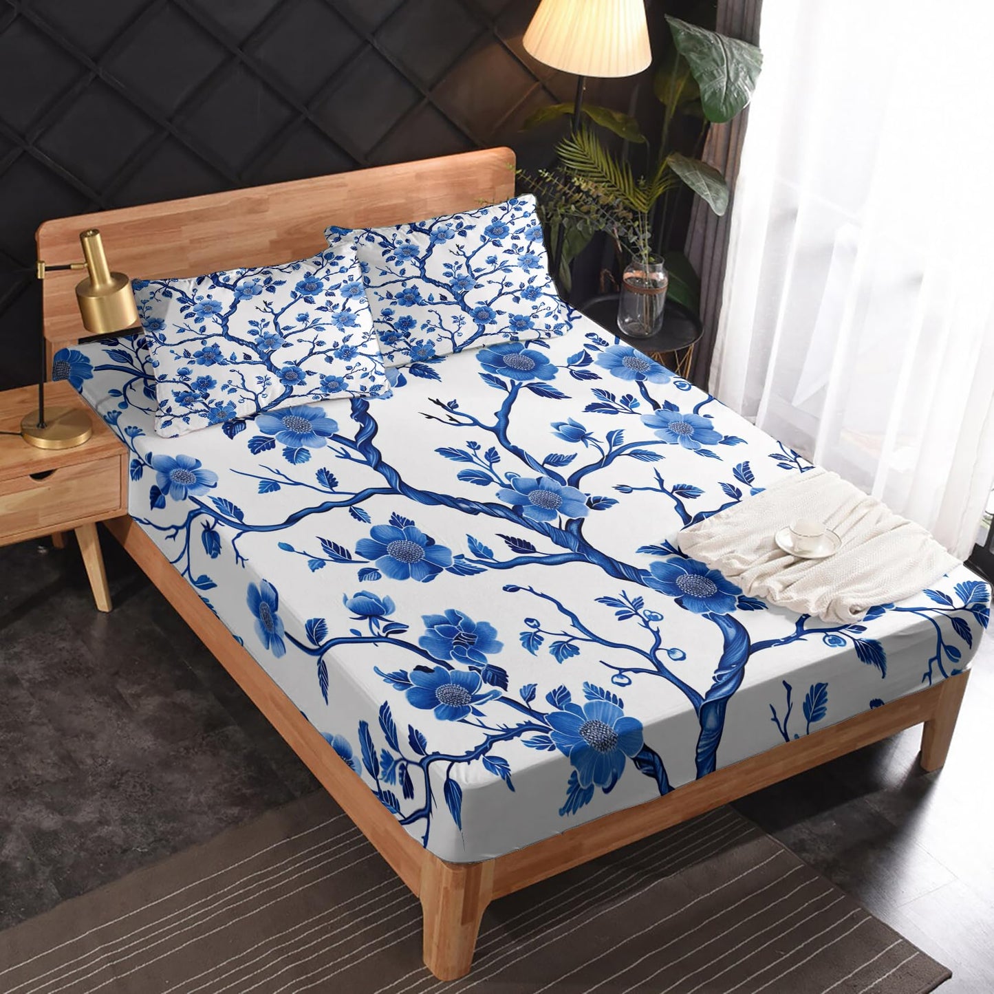 Floral Sheets Split King Size - Blue and White Porcelain Chinoiserie Bed Sheet Set - Deep Pocket Soft Microfiber Bedding Set 5 Piece - Fitted Flat Sheet Pillowcases - Floral Bedroom Decor & Gifts