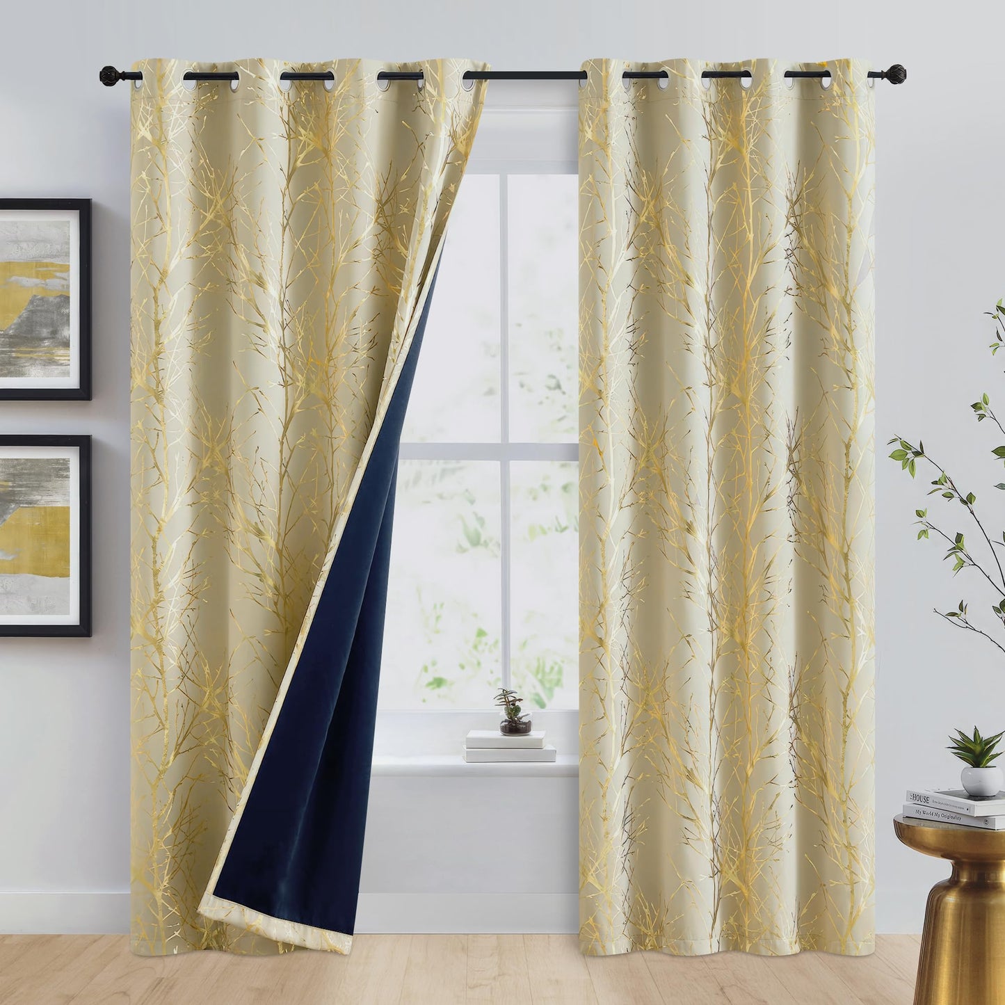 FMFUNCTEX 100% Blackout Curtains Ivory Gold Tree for Living Room, Curtains 84 Inches Long Foil Branch Patterned Panels for Bedroom, Thermal Insulated Drapes Home Office Grommet Top 2 Panels