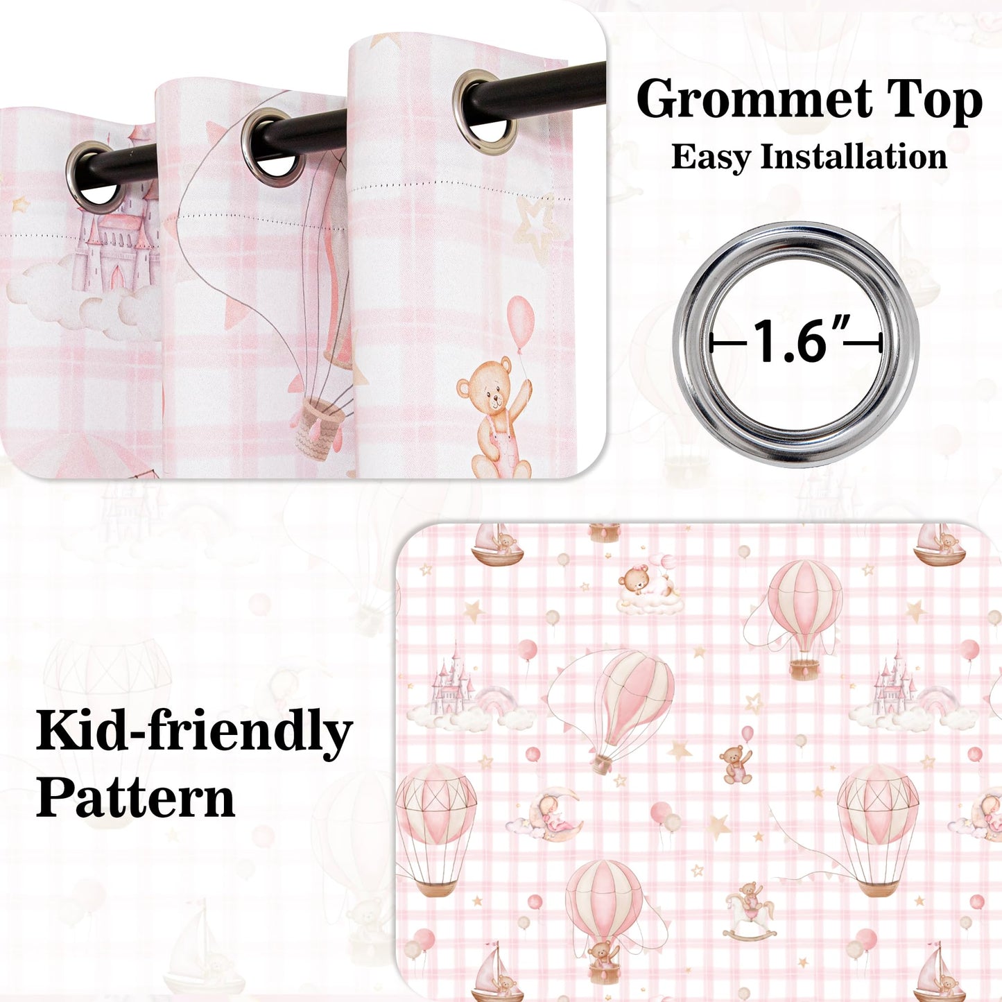 MYSKY HOME Girls Pink Nursery Blackout Curtains Plaid Curtains 84 Inch Length 2 Panels Set Cute Patterns Grommet Window Treatments Thermal Insulated for Kids Girls Bedroom Living Room, Each Panel 52"W
