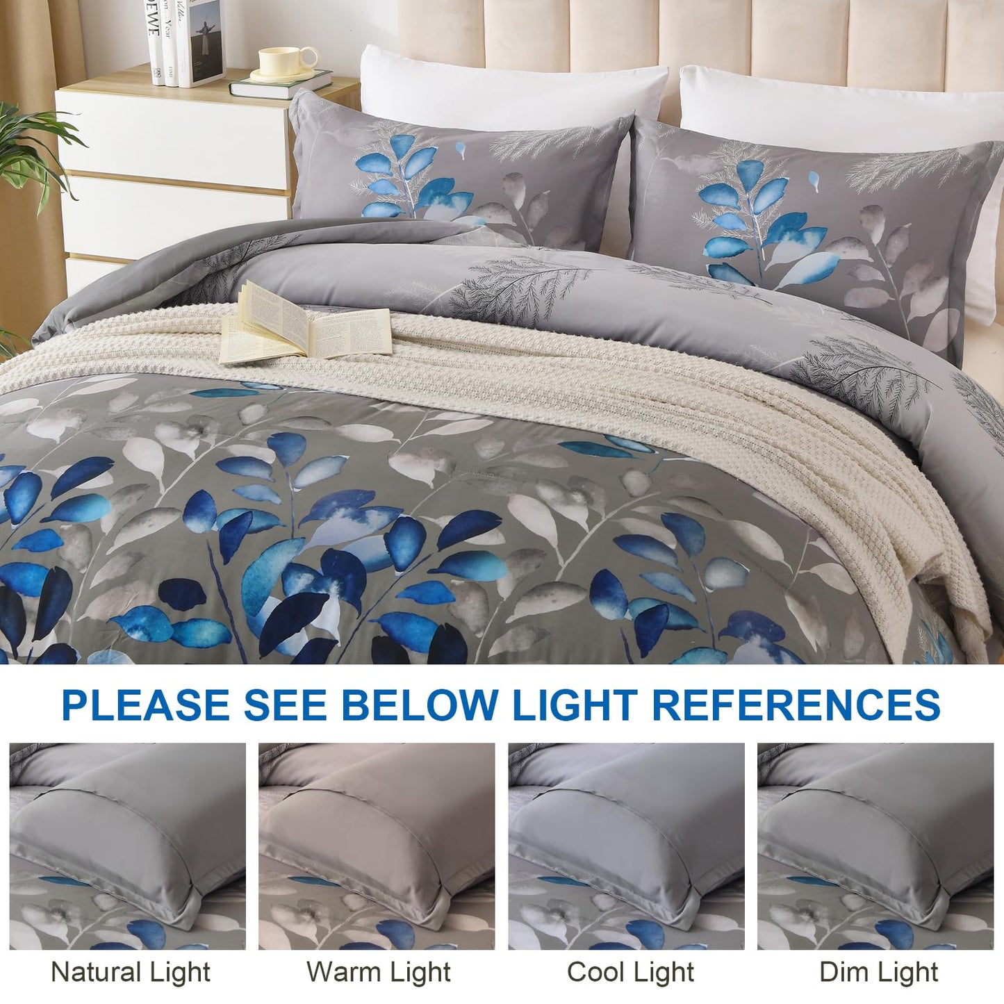 DJY King Size Comforter Set, Dark Grey Botanical Leaves Comforter Set King, 3 Pieces Reversible Blue Floral Bed Comforter Sets Soft Microfiber Bedding Comforter Set for All Season (90"x104")