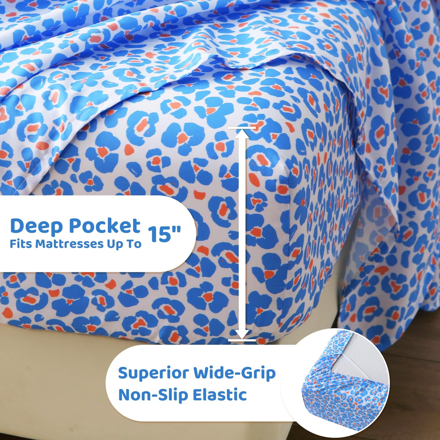 Mooreeke Leopard Cheetah Printed Queen Bed Sheets, Soft Microfiber Bedding Sheets & Pillowcases, Deep Pocket Non-Slip Fitted Queen Sheet, Blue Animal Pattern Bedsheets