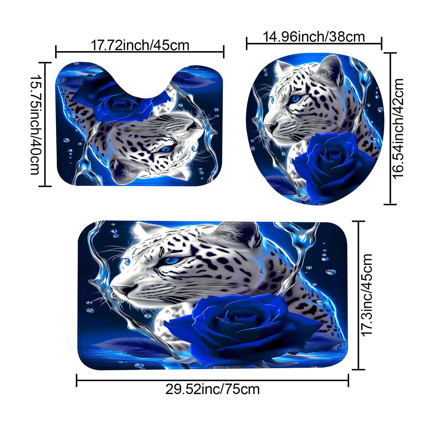 beifivcl 4PCS Blue Rose and Leopard Shower Curtain Bathroom Set with Non-Slip Rugs, Toilet Lid Cover and Bath Mat, Blue Bathroom Decor Set Accessories Shower Curtains with 12 Hooks, 72 x 72 Inch