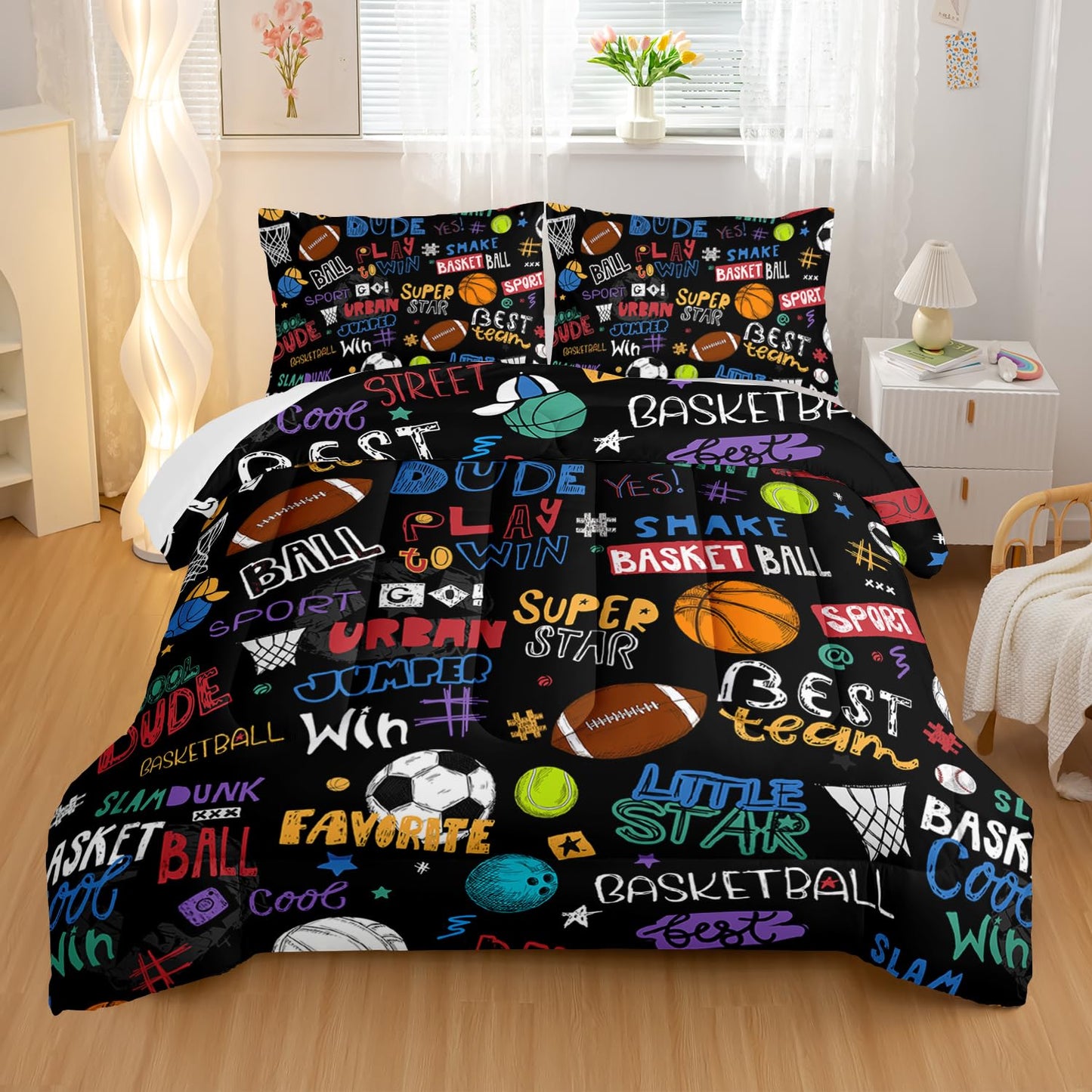 Nttopship Sports Ball Twin Comforter Set,Football Rugby Basketball Bedding Set for Kids Boys Girls Youth Ball Sports Themed Bedroom Decor Bedding Set 3 Pcs Bed in A Bag (1 Comforter, 2 Pillow Case)