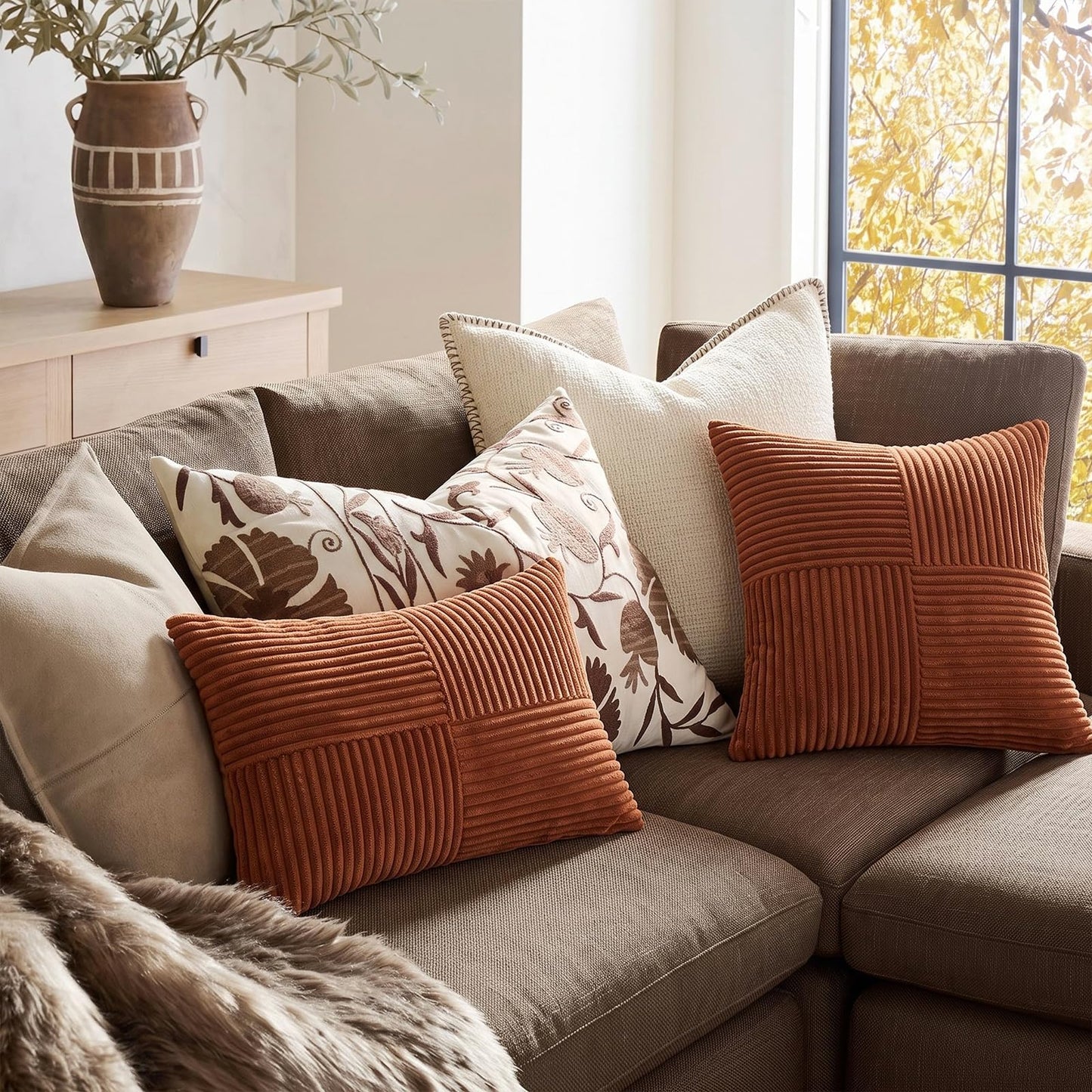 Fancy Homi 2 Packs Rust Boho Decorative Throw Pillow Covers 18x18 Inch for Couch Bed Sofa, Farmhouse Fall Home Decor, Soft Corss Corduroy Patchwork Textured Terracotta Accent Cushion Case 45x45 cm