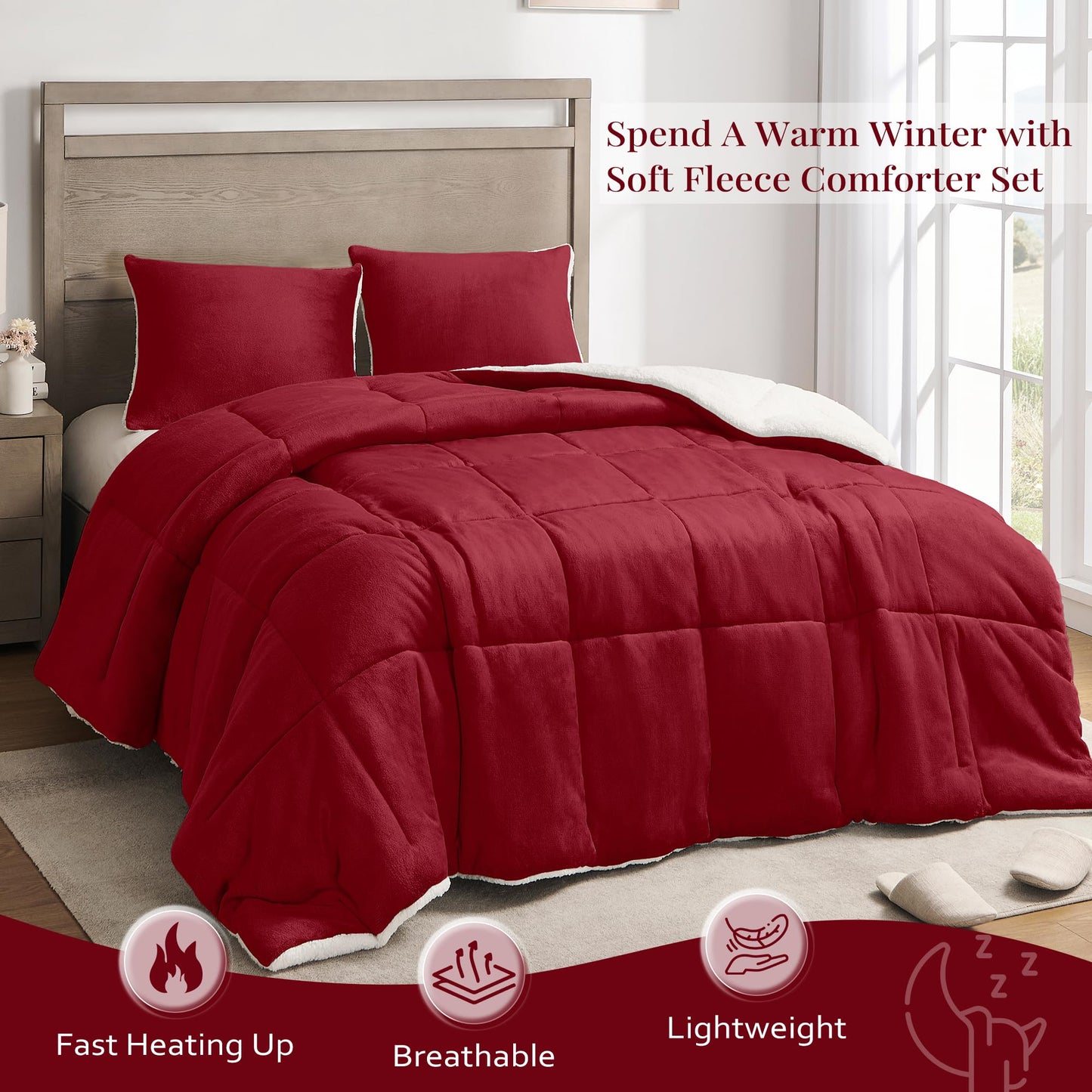 Basic Beyond King Size Comforter Set - Thick Fleece Sherpa Comforter Set for Winter, Soft and Fuzzy Bedding, Red, 104"x88"