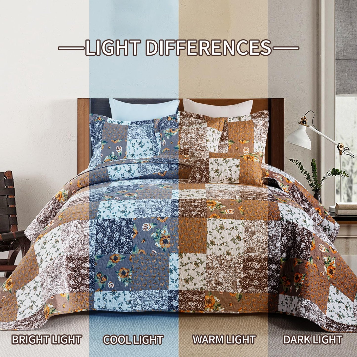 BEDIFANY Cotton Filling King Quilt Set - Reversible Farmhouse Bedspreads King Size with 2 Pillow Shams - Lightweight King Size Quilt Bedding Sets, 3 Pieces (98 x 106 inch)