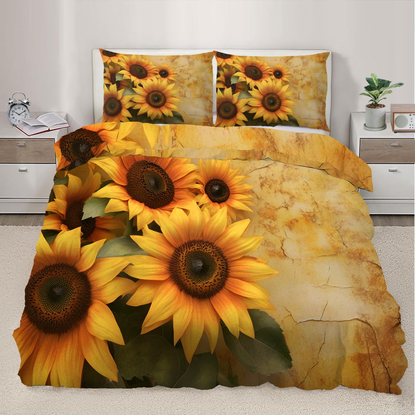 PAISUOQ Sunflower Bedding Duvet Covers, Rustic Flowers Comforter King Size, Farmhouse Florals Bedding Sets with Zipper & Ties, 3 Pieces with 2 Pillowcases, Home Decor & Gifts