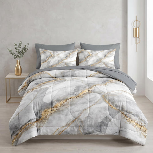 Pamnest Comforter Set Full Size, Marble Gold Stone 7 Pcs Bedding for Adults, Gray Vintage Retro Bed Sheet Sets with Fitted Sheet 2 Pillowcases & 2 Shams for Bedroom Bed Decor