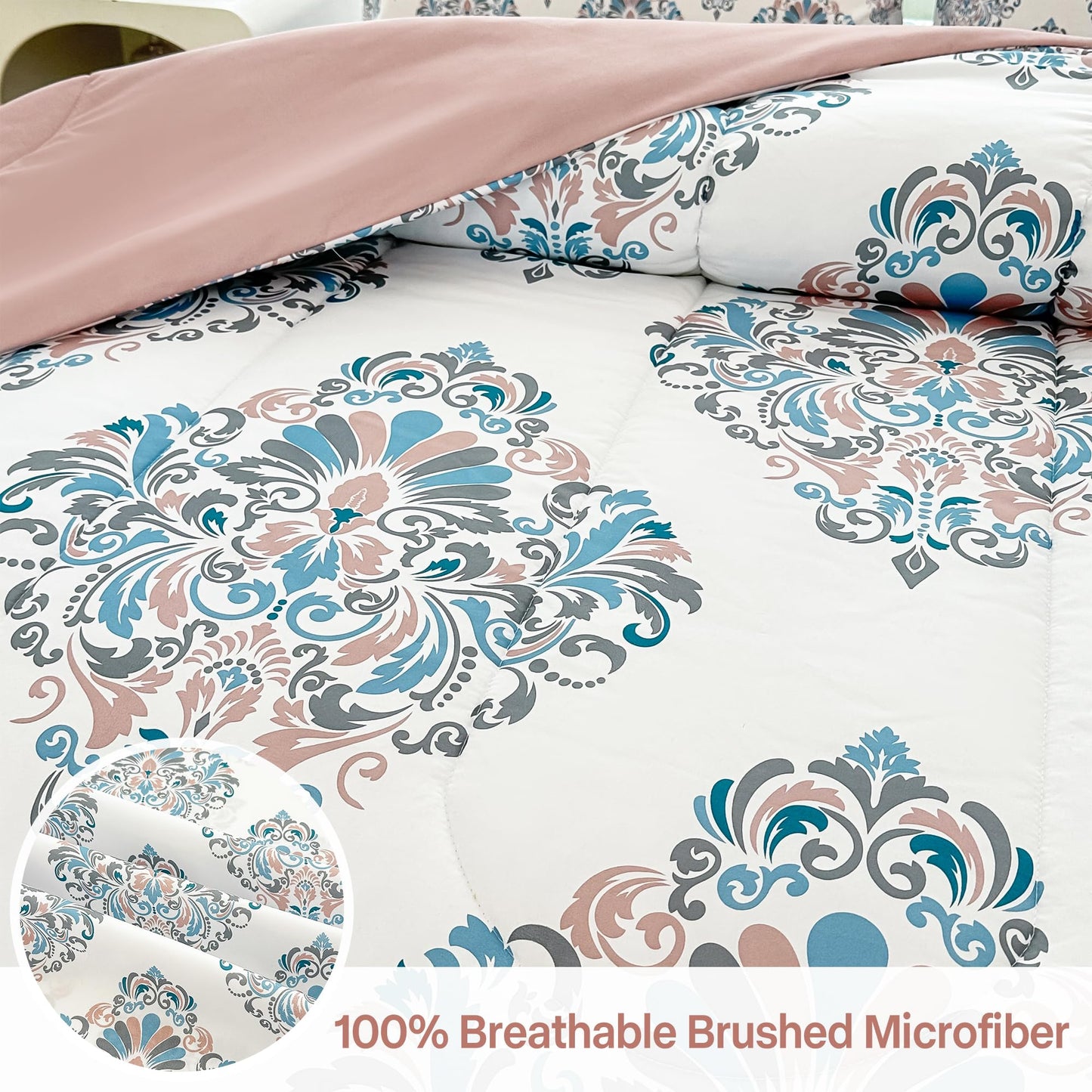 lasoftan Floral Queen Comforter Set with Sheets, 7 piece Luxury Vintage Bedding, Soft Microfiber Bed in a Bag, Cozy Lightweight Bed Set, Damask Boho Flower
