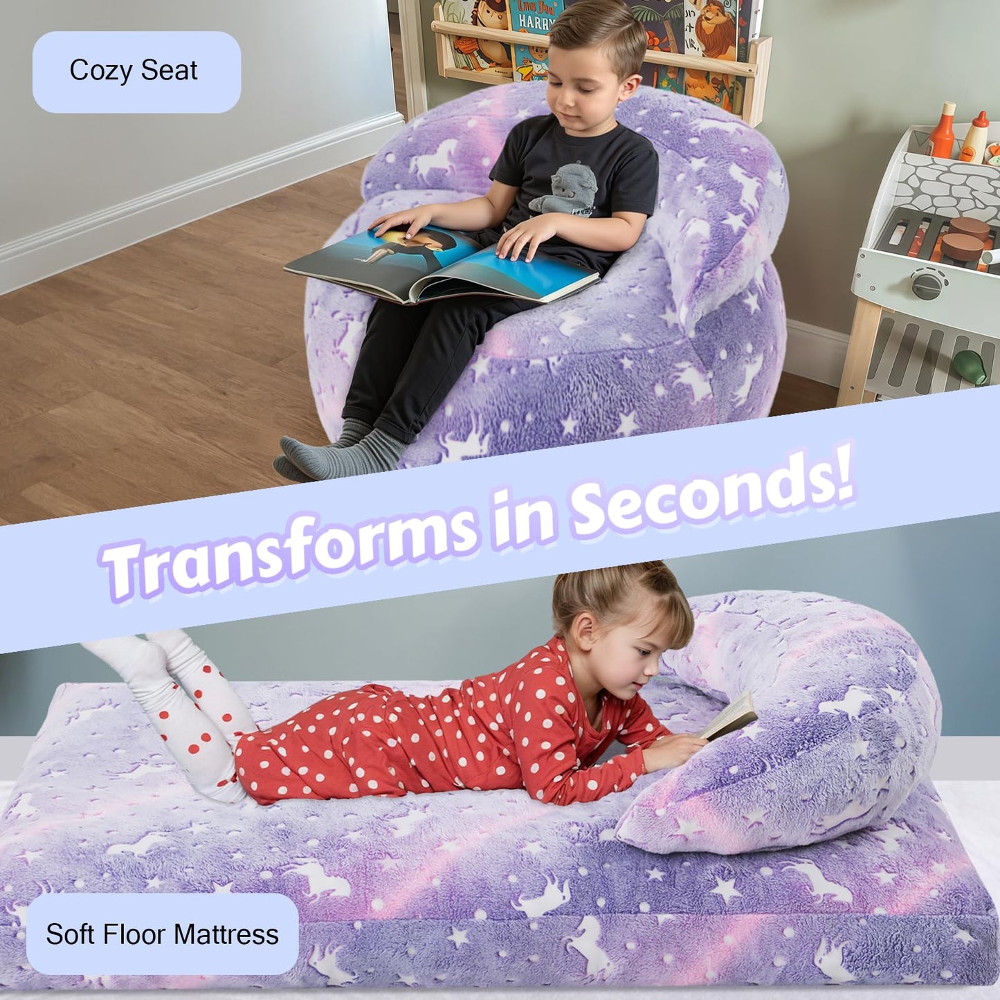 COMAX Bean Bag Chair for Kids, Dinosaur Convertible Toddler Beanbag Bed, Children Bean Chair Stuffed to Floor Mattress with Filler, Purple Unicorn