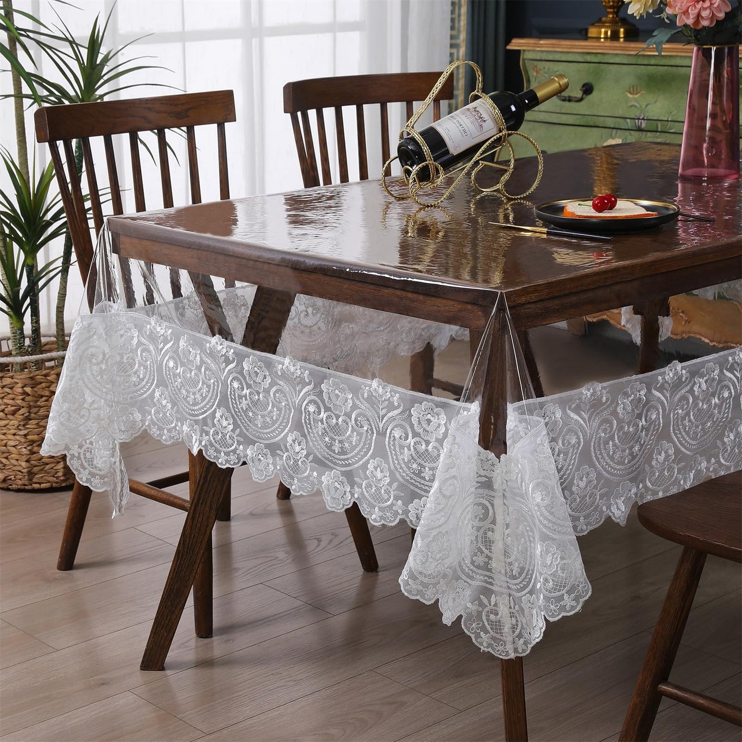 Clear Plastic Rectangle Tablecloth Vinyl Waterproof Table Cloth Embroidered Lace Edge Transparent Table Cover for Dining Kitchen Outdoor(52 x 70 inch, White)