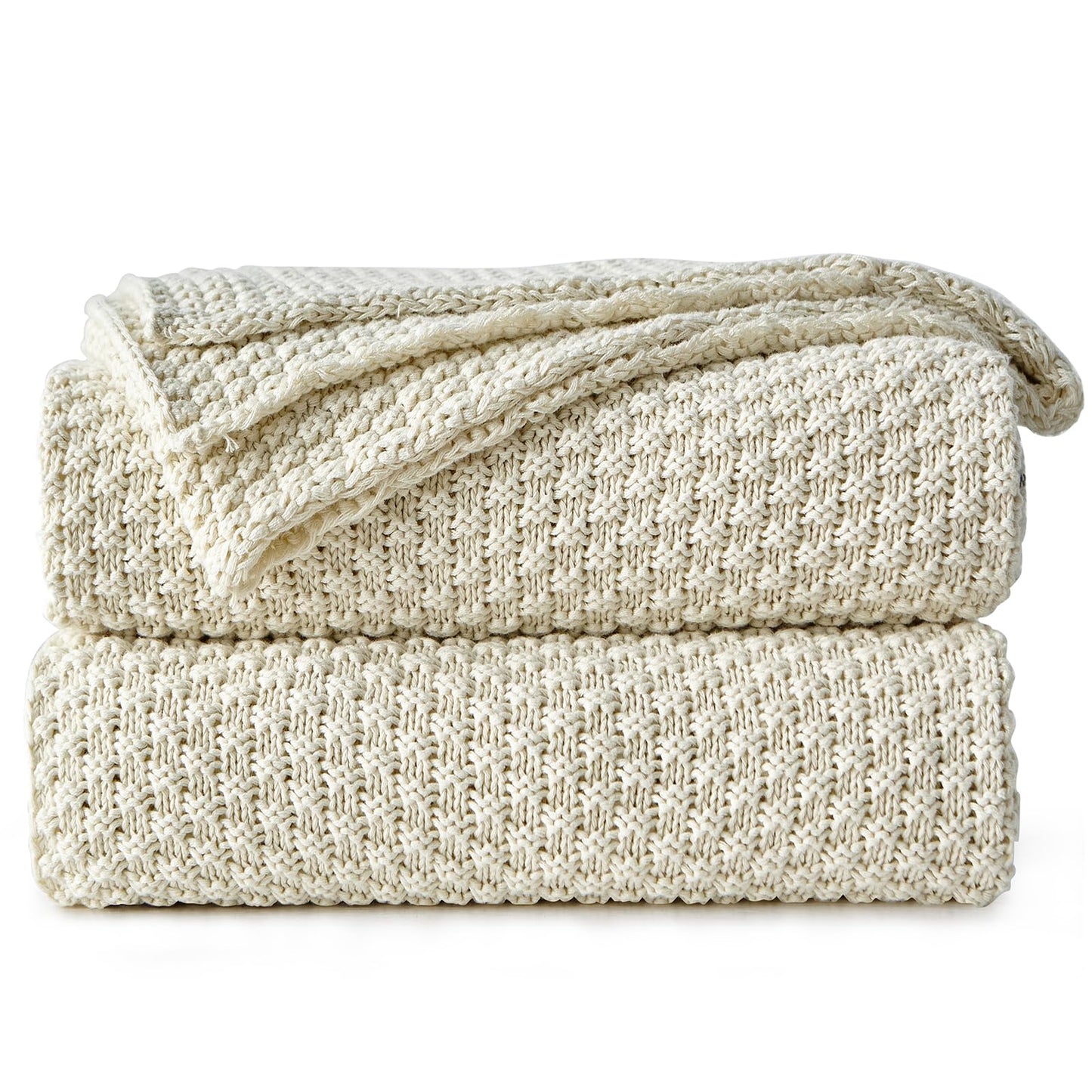 Longhui bedding 100% Cotton Knitted Throw Blanket – Cream, Soft & Cozy, Machine Washable, 60"x80" – Perfect for Living Room, Couch, Sofa, Bed or Travel