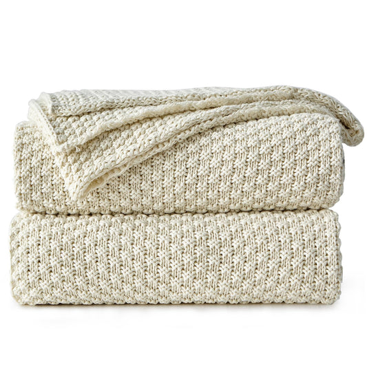 Longhui bedding 100% Cotton Knitted Throw Blanket – Cream, Soft & Cozy, Machine Washable, 60"x80" – Perfect for Living Room, Couch, Sofa, Bed or Travel