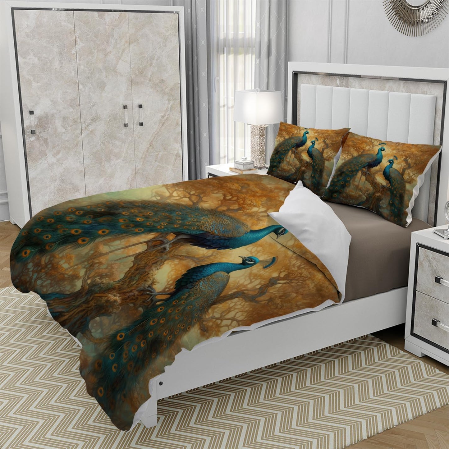 RICQLESC Peacock Duvet Cover and 2 Pillow, Beautiful Elegant Feather Wild Birds Animal Golden Tree Art Comforter Set, Kids Boys Girls Bedding 3 Pieces, King Size 104x90 inch