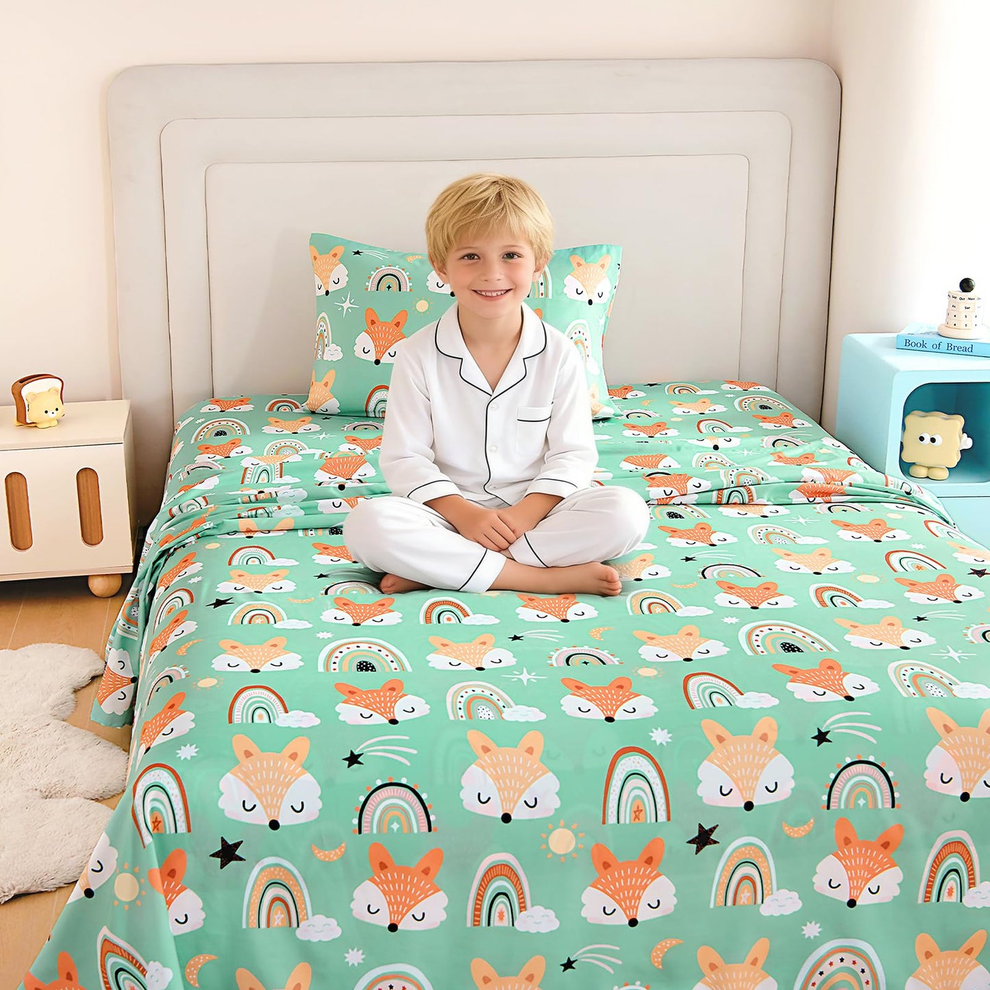 MICORAL Kids Twin Sheet Set, 3 Pieces Sheets for Boys & Girls, Soft Printed Microfiber Bed Sheets, Deep Pocket Cozy Toddler Bedding Set, Fox